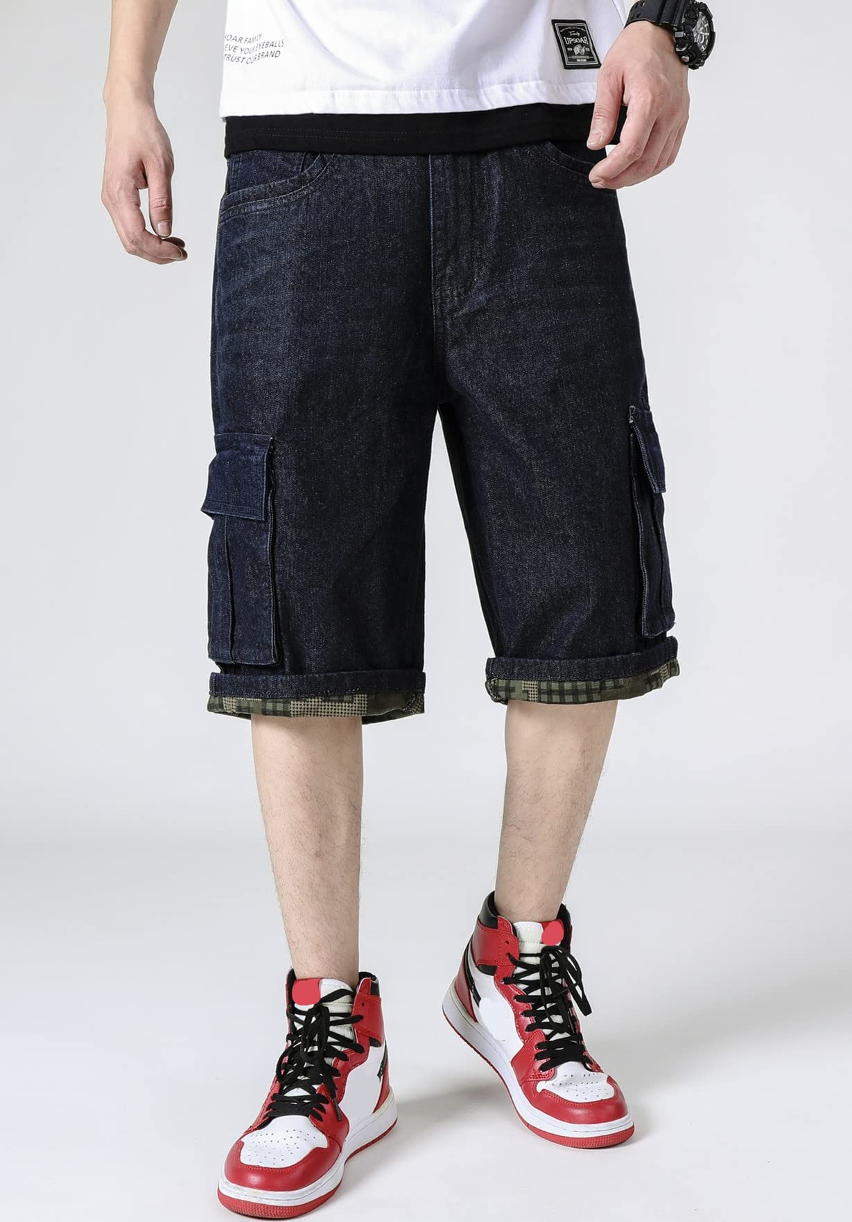QBO Men's Loose Fit Work Jeans Denim Cargo Shorts - Big & Tall Casual Plus Size Pants for Outdoor Work, Hiking & Everyday Wear