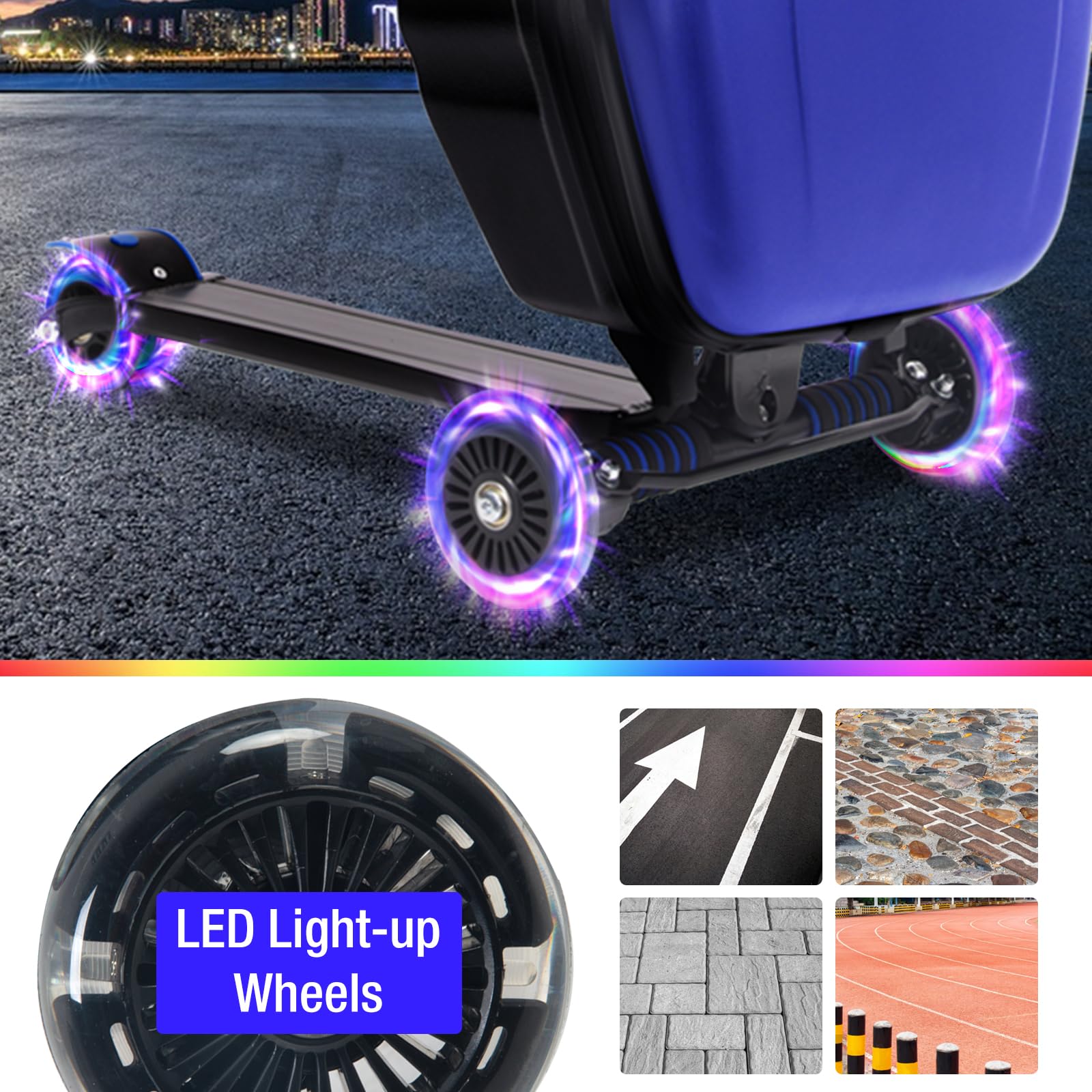 **Foldable Scooter Luggage for Kids Age 4-15 | 2-in-1 Hardshell Ride-On Suitcase with LED Wheels | Lightweight Carry-On Luggage for Travel, School & Airports (Blue)**