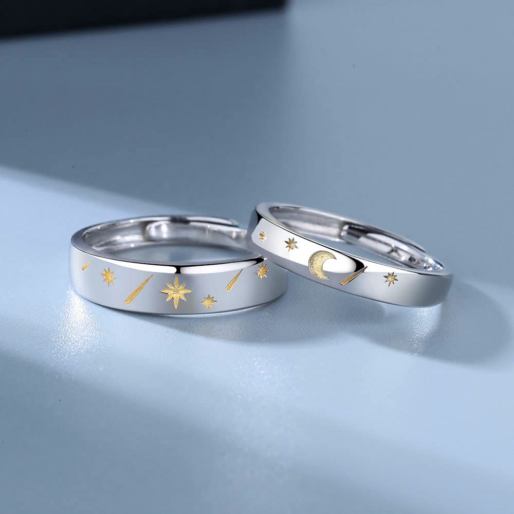 MIKAMO 925 Sterling Silver Star Moon Couple Rings - Adjustable Open Rings for Men & Women - Perfect for Engagement, Wedding, Promise & Anniversary Gifts - Romantic Jewelry for Couples & Special Occasions