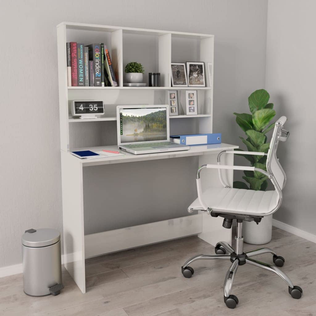 vidaXL Home Office Computer Desk with Storage - High Gloss White Engineered Wood Writing Table for Small Spaces, Study Room & Workstation Setup