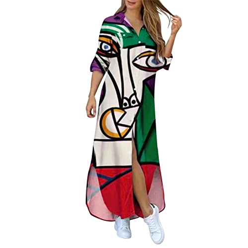 Plus Size Women's Long Sleeve Casual Maxi Dress - Floral Print Loose Button Down T-Shirt Dress with Side Slit (Green, XXL) | Perfect for Summer Outings, Beach Vacations & Casual Wear