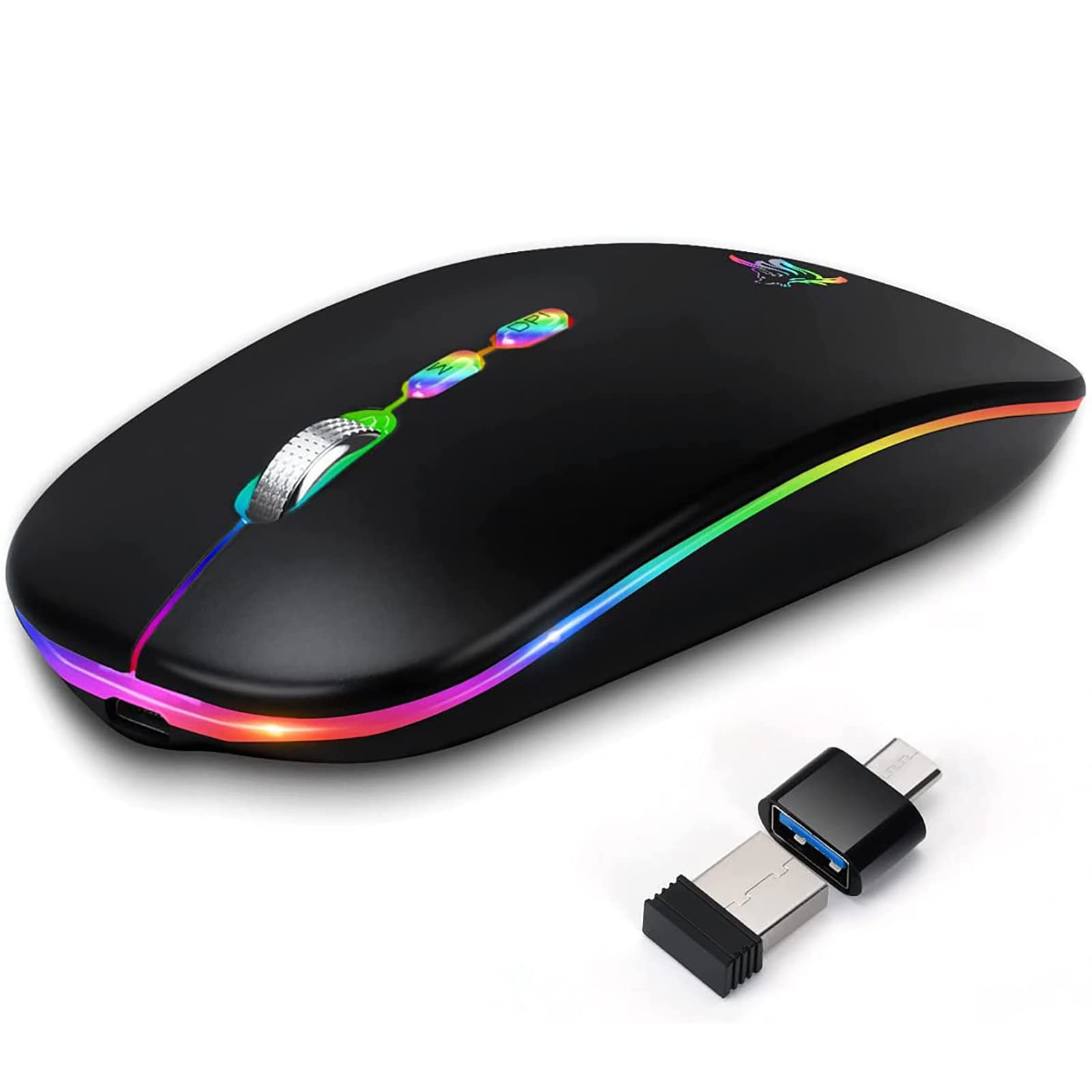 Hotlife Slim Rechargeable Wireless Mouse - Silent LED Optical 2.4G/Bluetooth Dual Mode Computer Mouse with USB Receiver & Type C Adapter (Black) for Office, Gaming & Travel Use