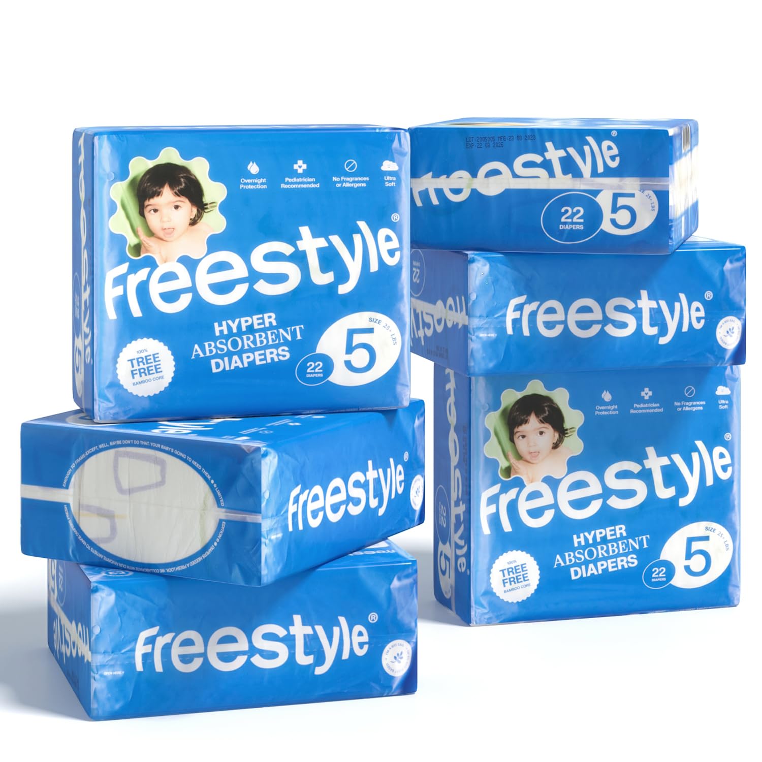 **Freestyle Size 5 Disposable Diapers – Hyper Absorbent, Non-Toxic & Ultra Soft for Sensitive Skin – 132 Count (25+ lbs) – Perfect for Overnight Use, Travel & Active Babies**