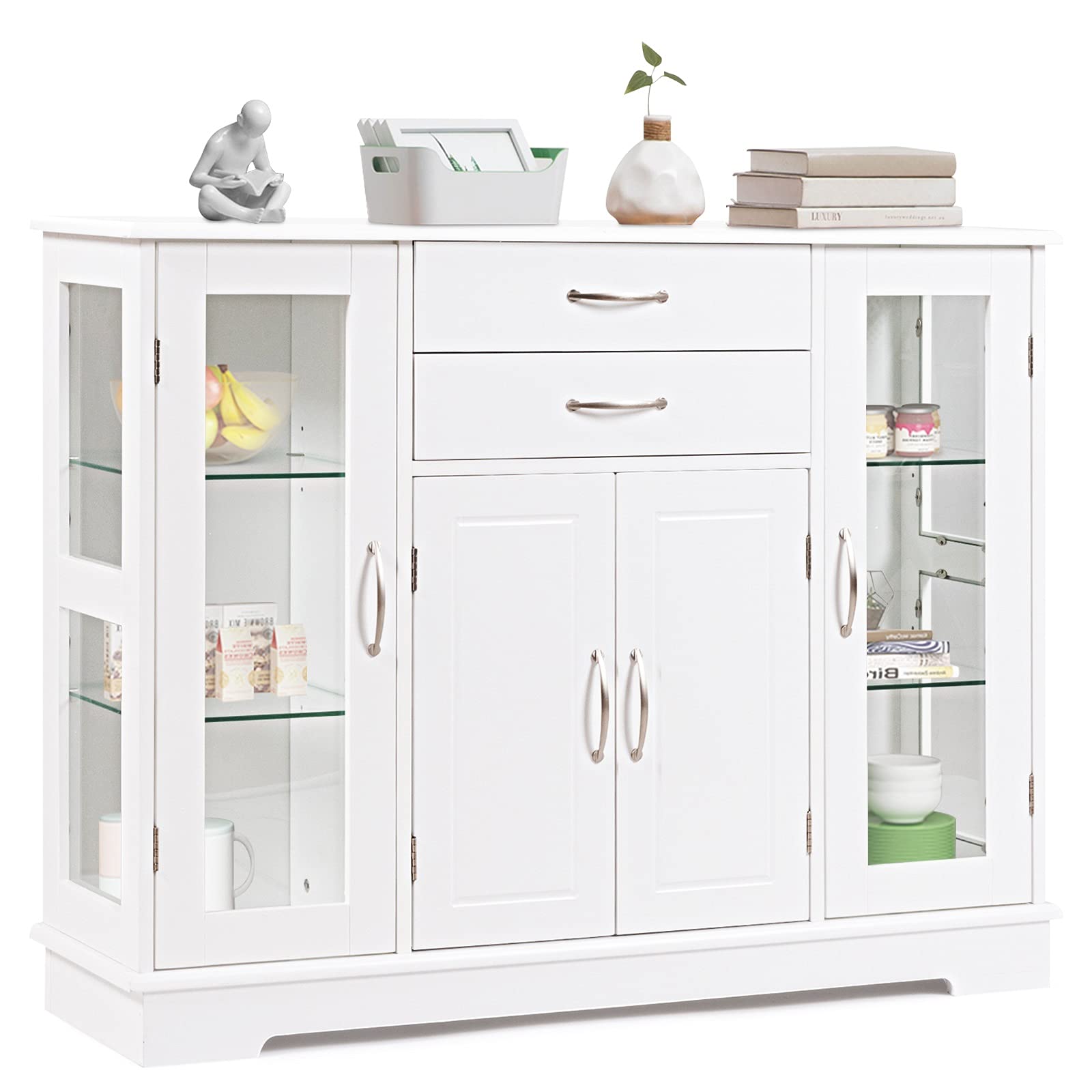 White Buffet Sideboard with Glass Doors & Adjustable Shelves - 2-Drawer Kitchen Storage Cabinet, Dining Room Buffet Server, Living Room Console Table - Perfect for Home, Kitchen, Bedroom & Entertaining