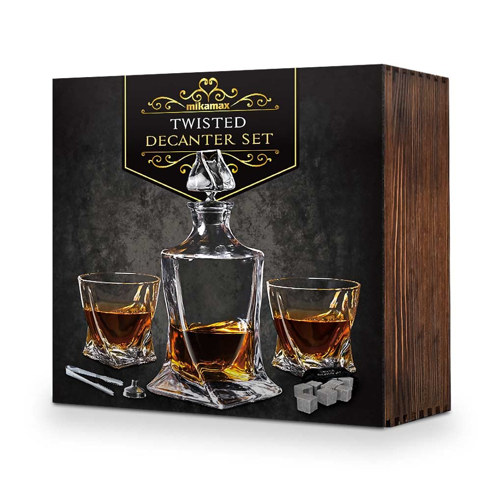 Premium Twisted Whiskey Decanter Set with 2 Glasses & 9 Whisky Stones - Elegant Wooden Gift Box for Bourbon, Scotch & Liquor - Perfect for Home Bars, Gifting & Special Occasions