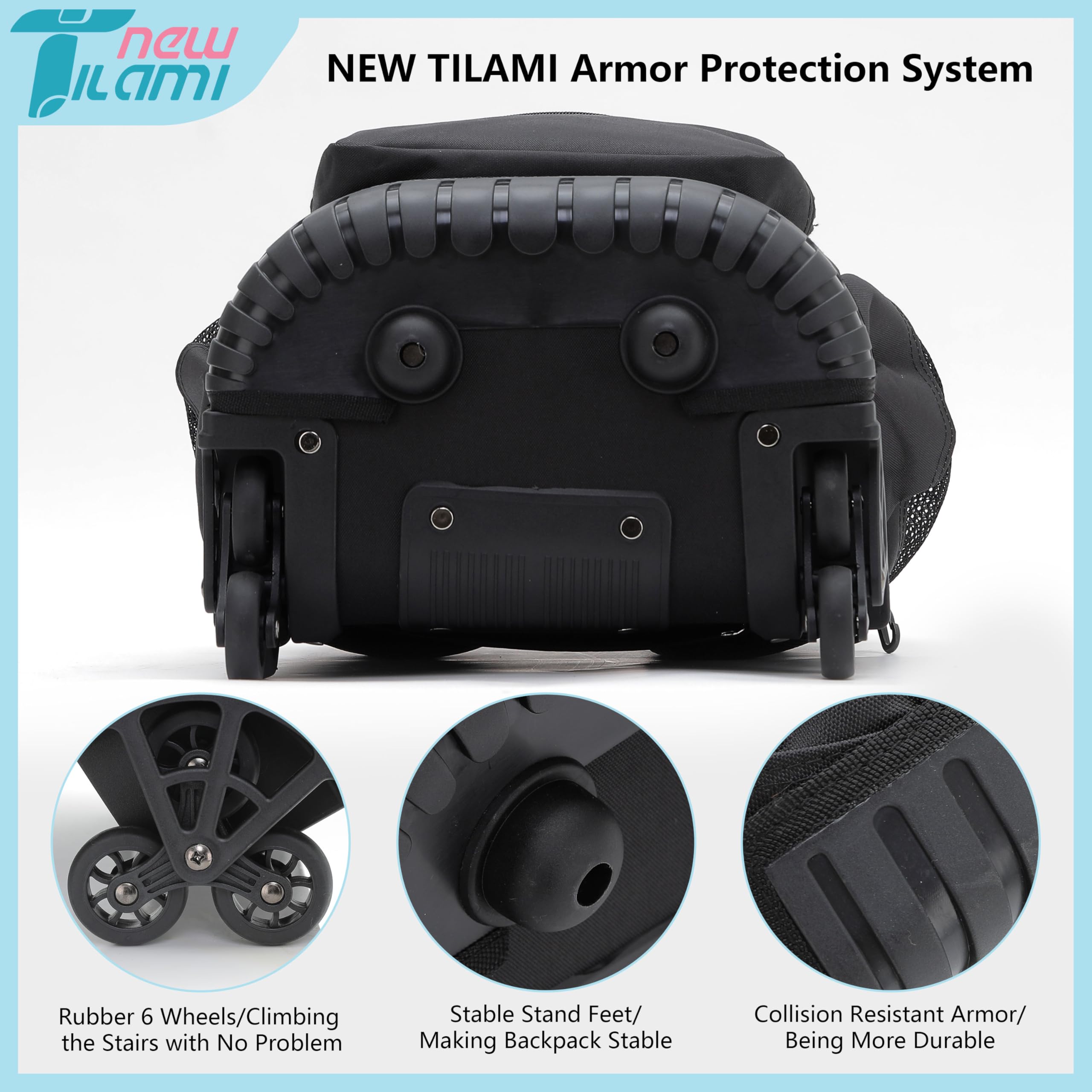 TILAMI 18-Inch Black Rolling Backpack for Kids - Adjustable Laptop Backpack with Wheels for School, Travel & Camping - Durable Rolling Backpack for Boys & Girls - Perfect for Commuting, Air Travel & Outdoor Adventures
