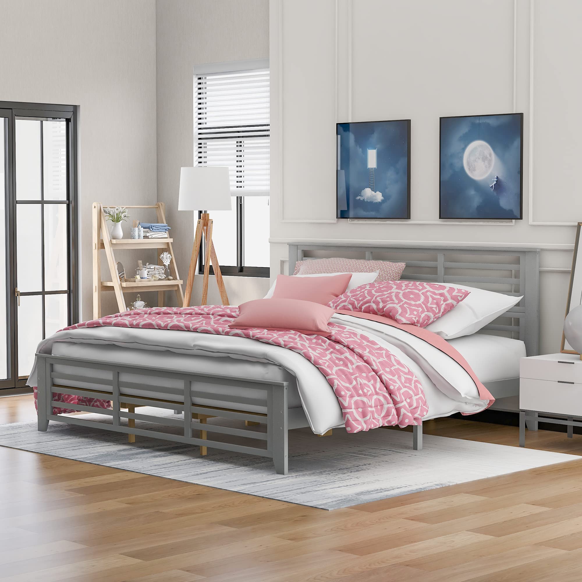 Modern Grey Wooden Platform Bed Frame - King Size with Wood Slat Support for Kids, Teens & Adults | Sturdy Bedroom Furniture for Master Bedroom, Guest Room & Dorm