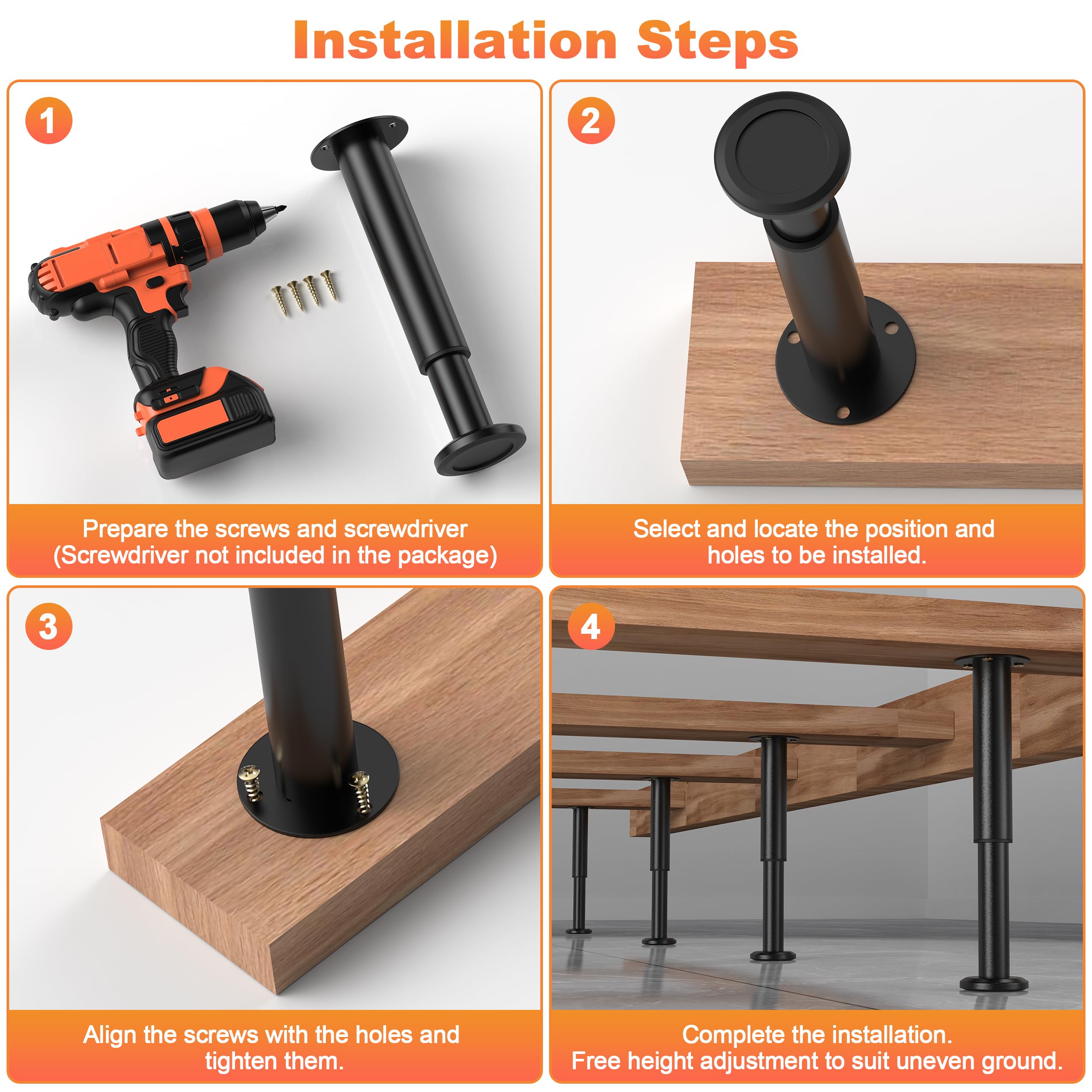 4 Pcs Adjustable Bed Center Support Legs 7.08-12.2 Inch - Heavy Duty Metal Furniture Legs for Bed Frame, Cabinet, Sofa, Dresser, Couch & Table - Perfect for Bed Slat Support & Furniture Replacement (Ideal for Home, Office & Dorm Use)