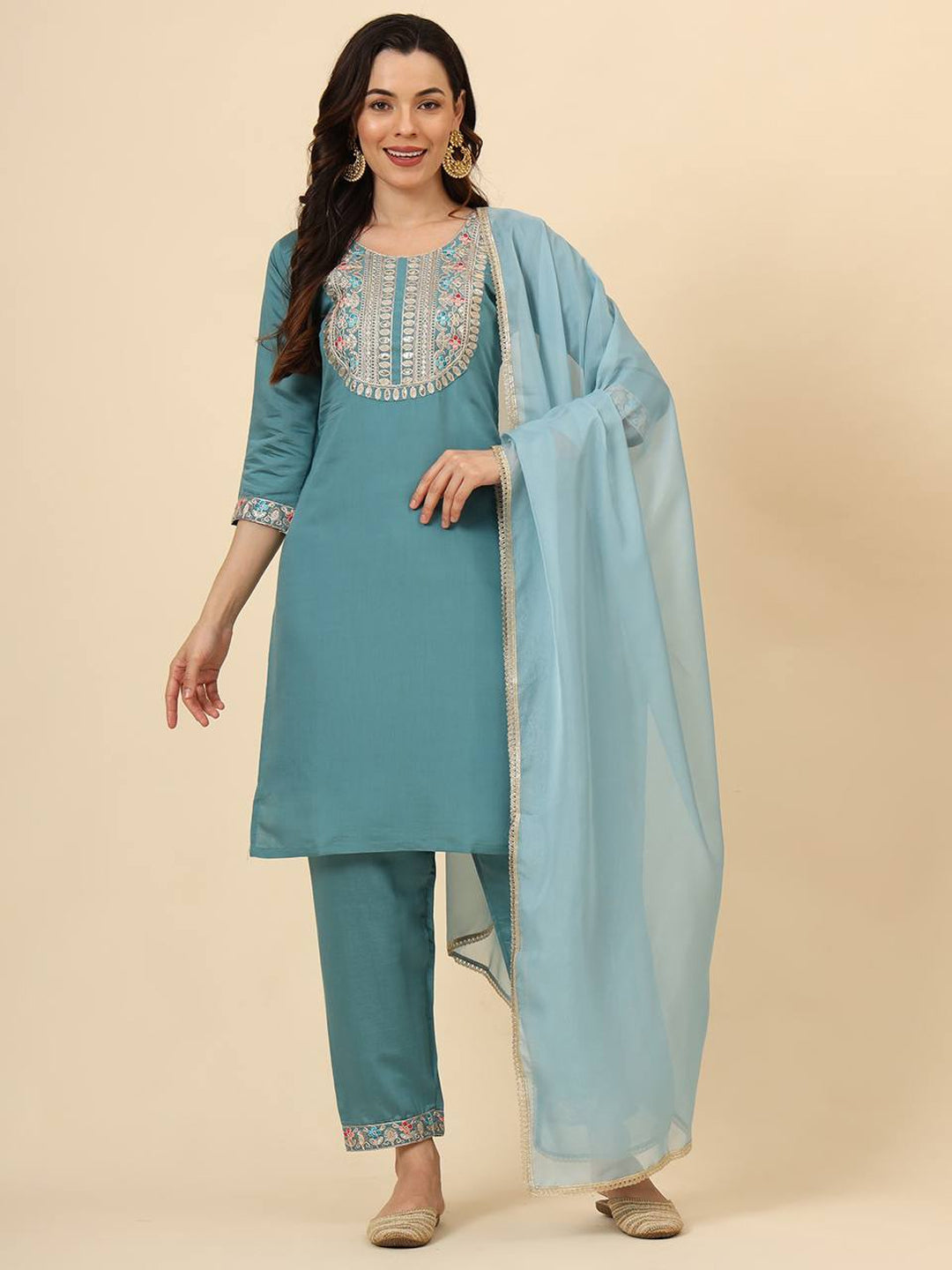 Stylish Aqua Blue Embroidered Pant Suit for Women - Trendy Designer Outfit for Parties, Weddings & Special Occasions