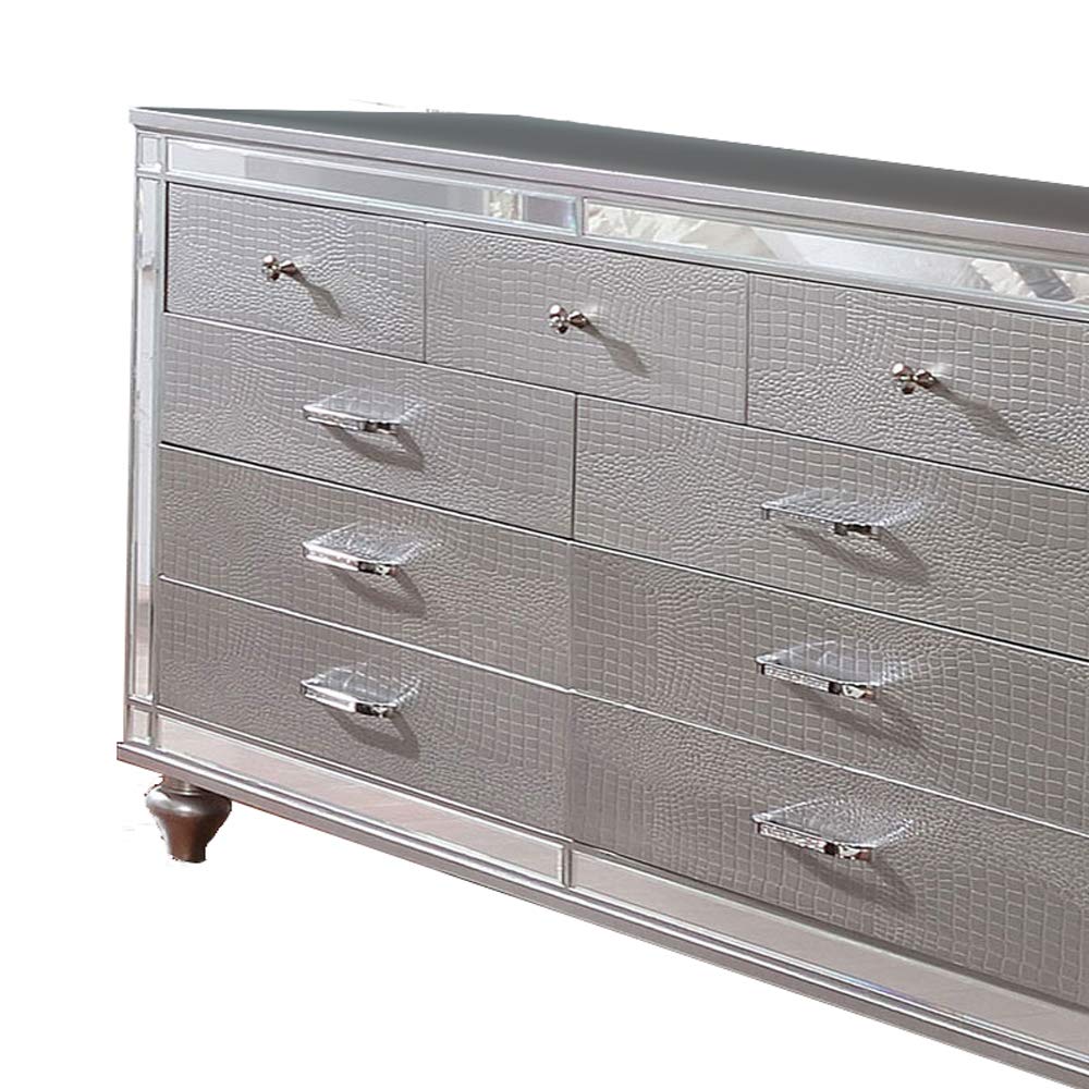 Benjara Silver Contemporary 9-Drawer Wooden Dresser with Turned Legs - Modern Bedroom Storage for Clothes, Jewelry & Accessories