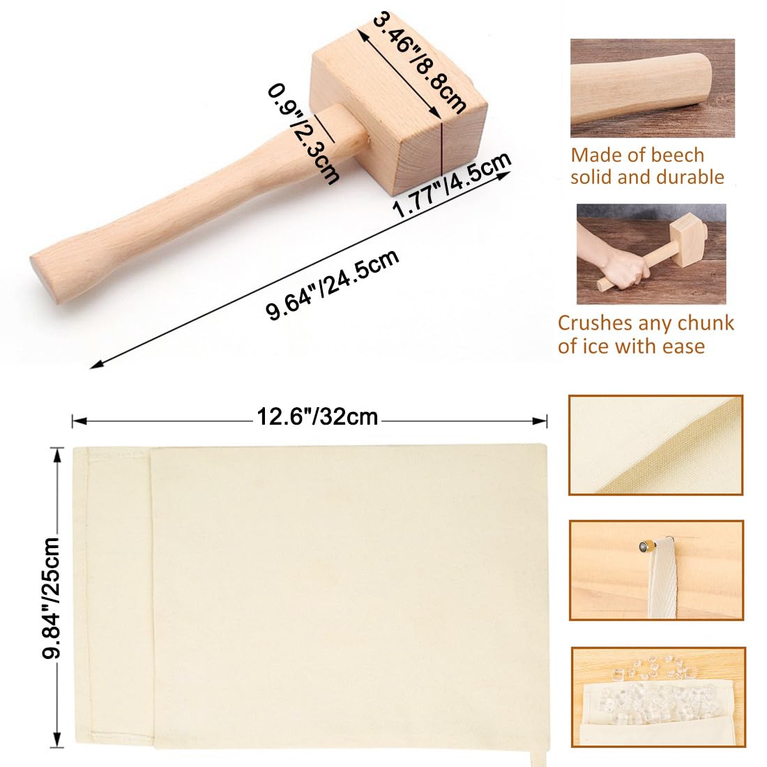 Premium Lewis Ice Crushing Bag Set - 4 Reusable Canvas Bags & Wooden Mallet for Cocktails, Bars, Home Kitchen & Parties (9.84