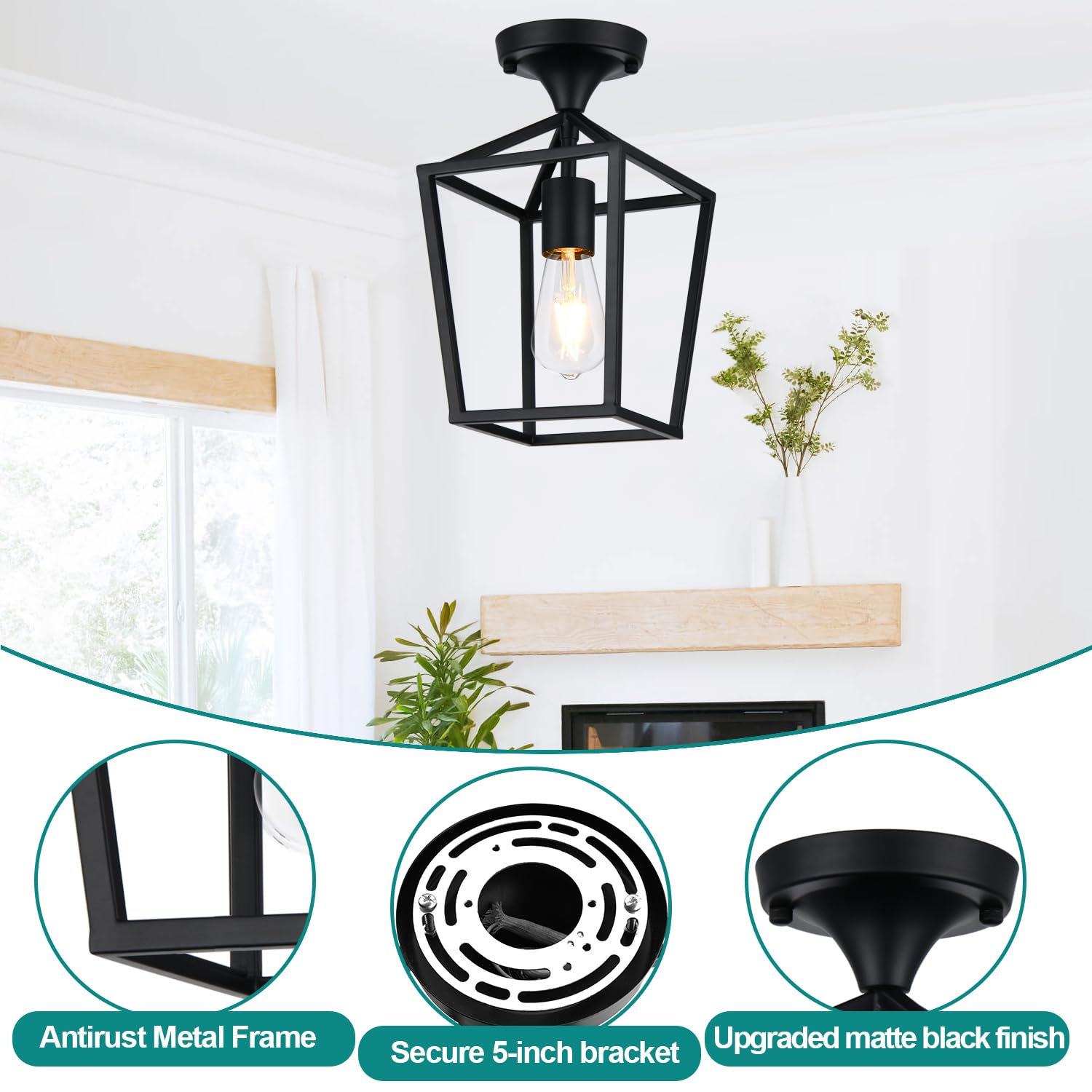 Upgraded Black Industrial Semi Flush Mount Ceiling Light - Farmhouse Style Lighting Fixture for Entryway, Porch, Hallway, Stairway, Garage, Living Room, Dining Room & Balcony | Durable & Stylish Home Decor Lighting Solution