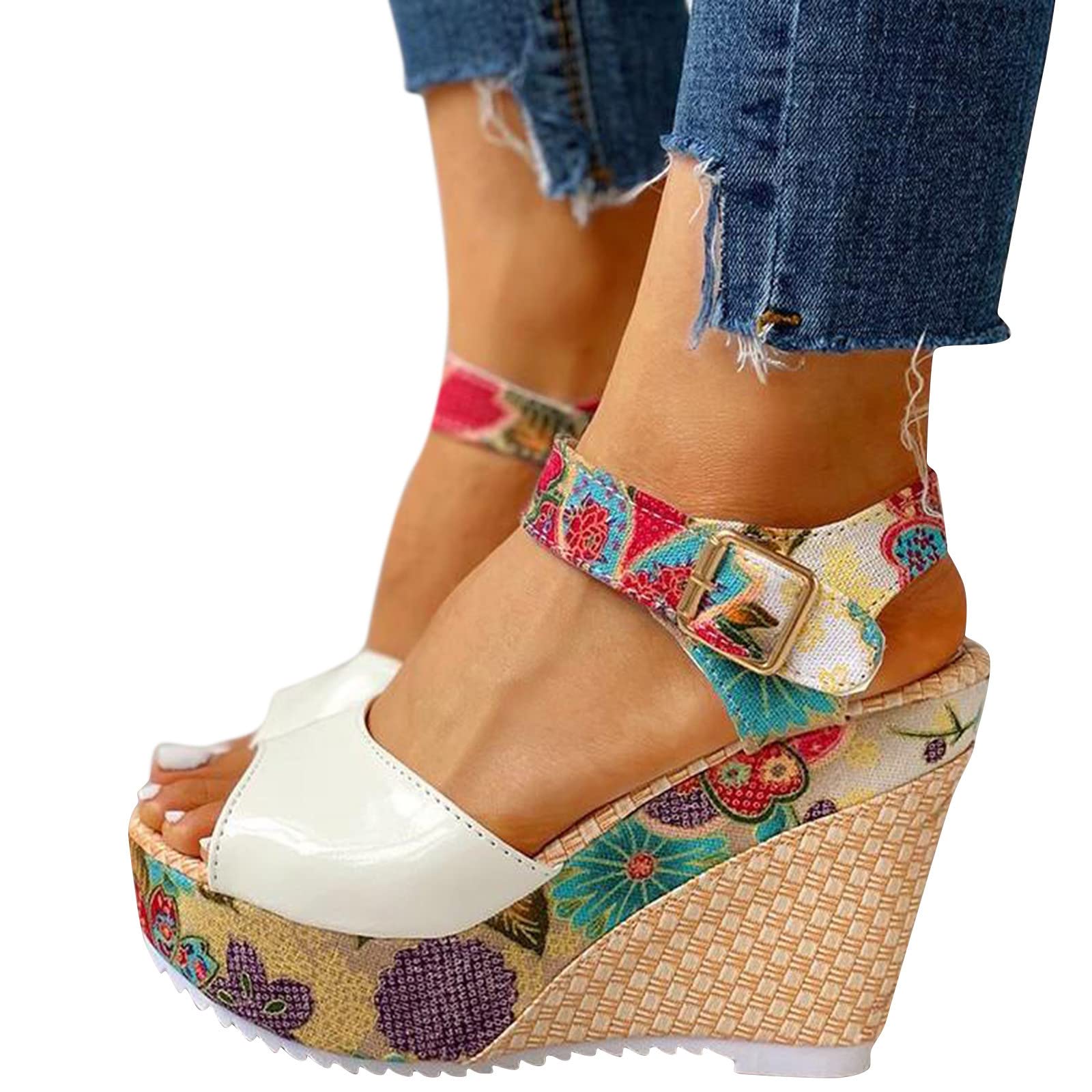 Women's Platform Sandals - Summer Boho Flat Slip-On Peep Toe Espadrille Sandals for Casual Outfits & Beach Vacations