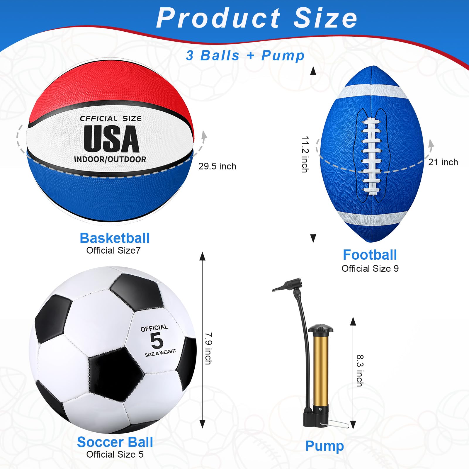 **Sratte 3-Piece Sports Ball Set - Official Size Soccer, Basketball & Football with Air Pump & Carry Bag - Perfect for Teens, Adults, Back to School, Training, Outdoor Games & Sports Gifts**
