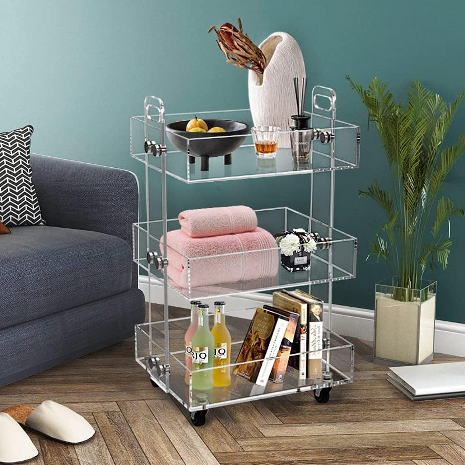ONELUX 3-Tier Acrylic Rolling Cart with Wheels - Multifunctional Storage Organizer for Kitchen, Bathroom, Office & Dorm Room - Clear Plastic Utility Cart for Home Organization