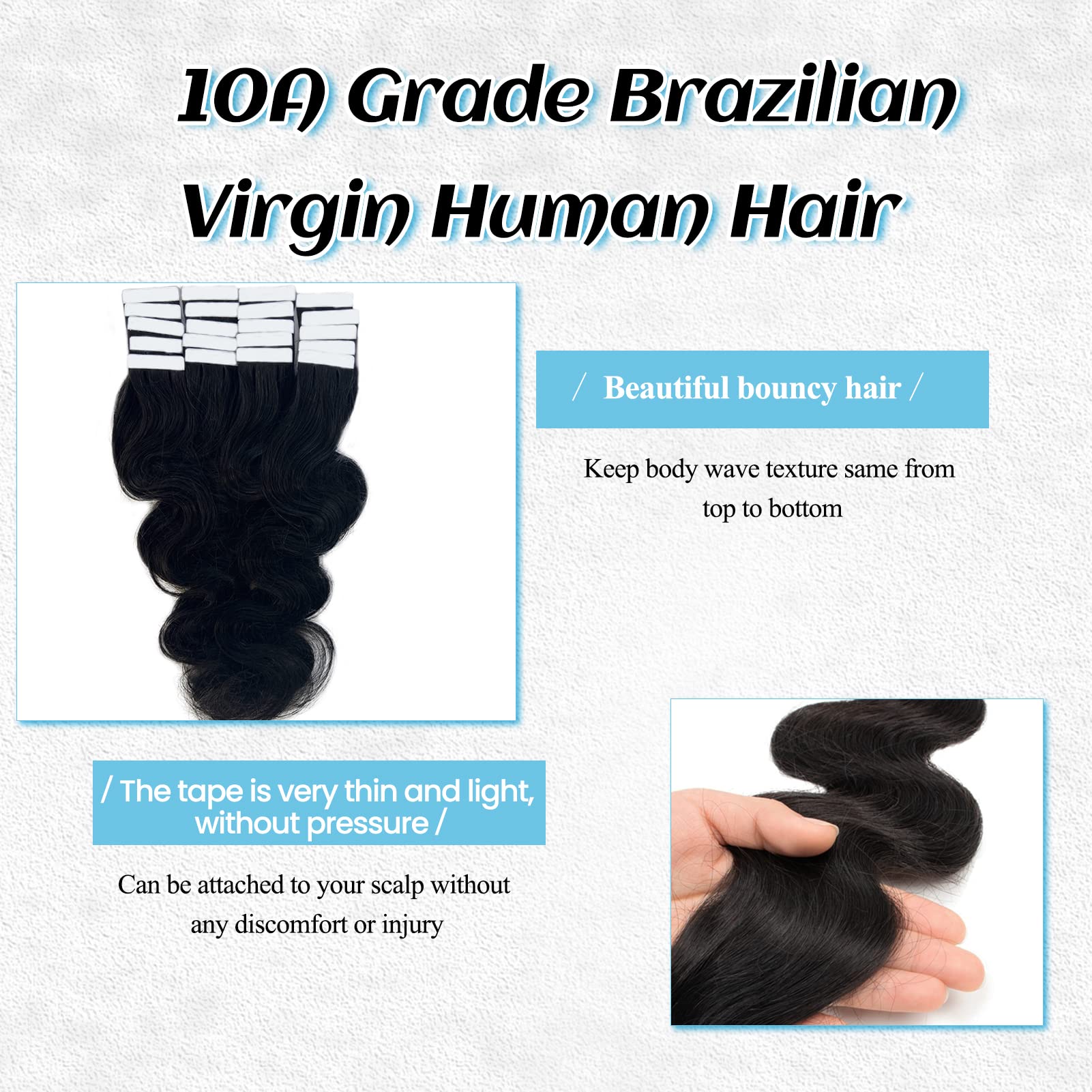 Natural Black Tape in Hair Extensions 24 Inch Body Wave Remy Human Hair - 50g/pack 20pcs #1B Wavy Tape Ins for Black Women - Perfect for Daily Styling, Parties & Special Occasions
