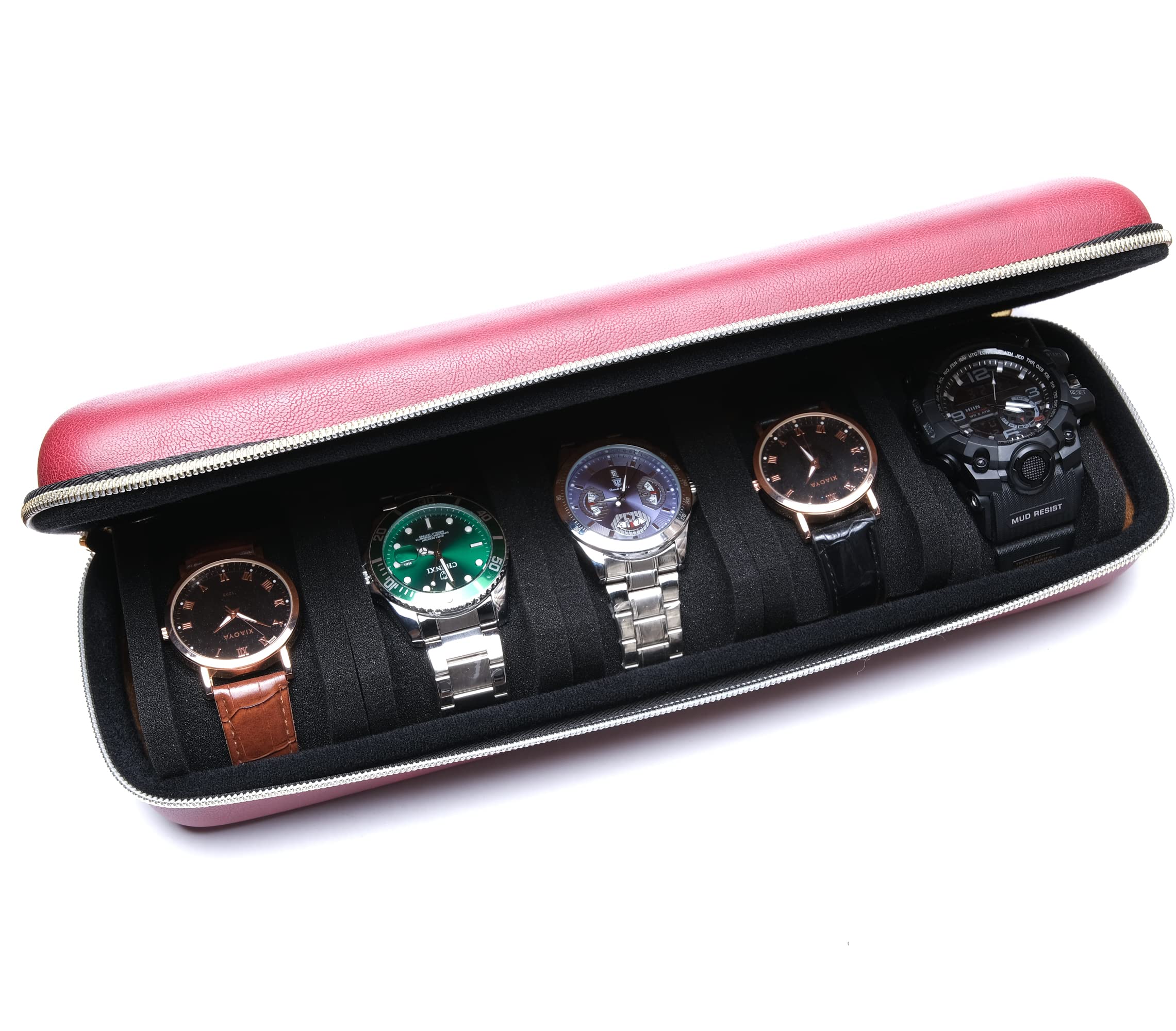 Luxury Red 5-Slot Leather Watch Roll Case - Travel Storage Organizer for Men & Women | Perfect for Business Trips & Vacations