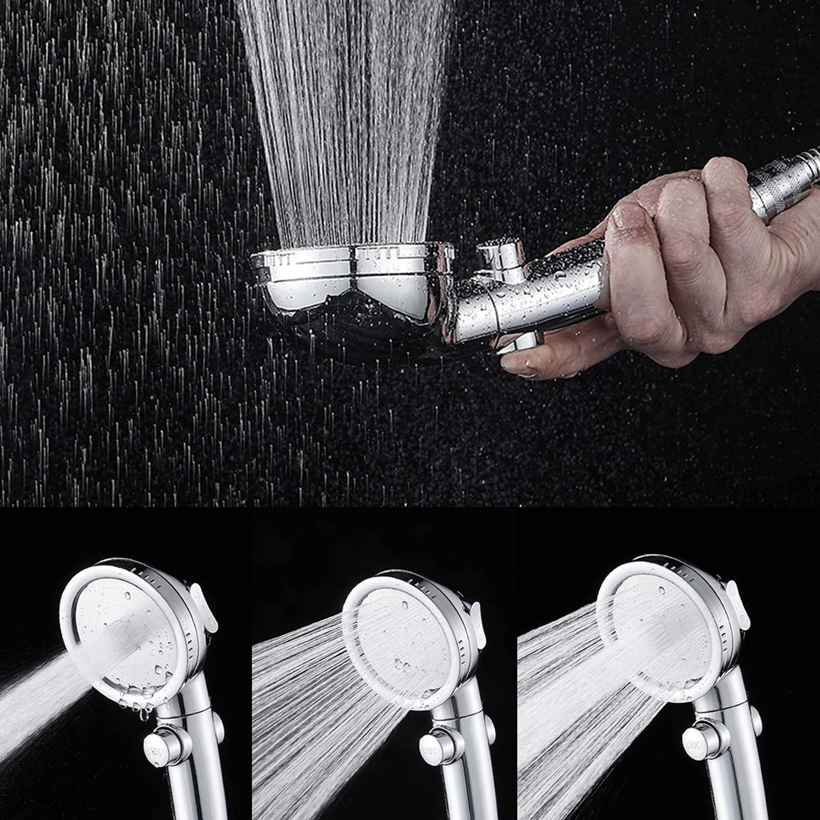 3-Function Handheld Shower Head with High Pressure - Gold Bathroom Shower Accessories for Hotel & Home Use - Perfect for Relaxing Massage and Water Saving