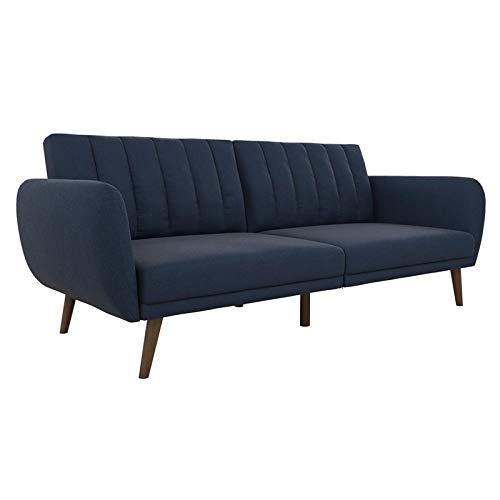 Novogratz Brittany Sofa Futon - Premium Linen Upholstery with Sturdy Wooden Legs in Blue | Convertible Sleeper Sofa for Small Spaces, Living Room & Guest Room