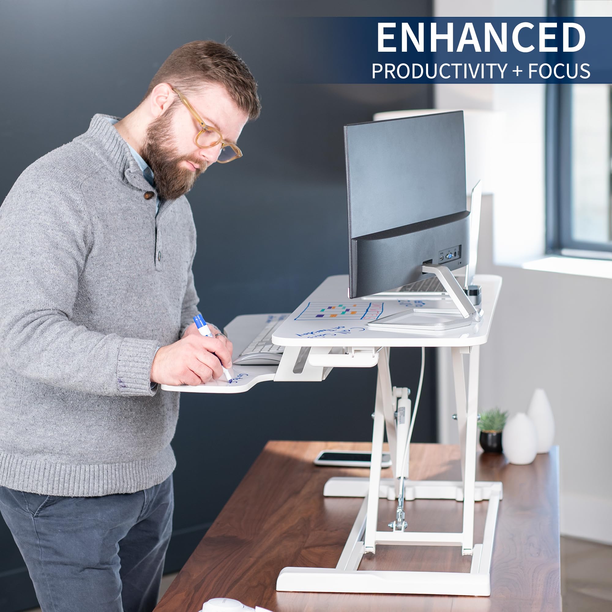VIVO K Series 36 Inch Height Adjustable Standing Desk Converter - Dual Monitor & Laptop Workstation with Wide Keyboard Tray, White Dry Erase Surface | Perfect for Home Office, Gaming Setup & Ergonomic Workspace