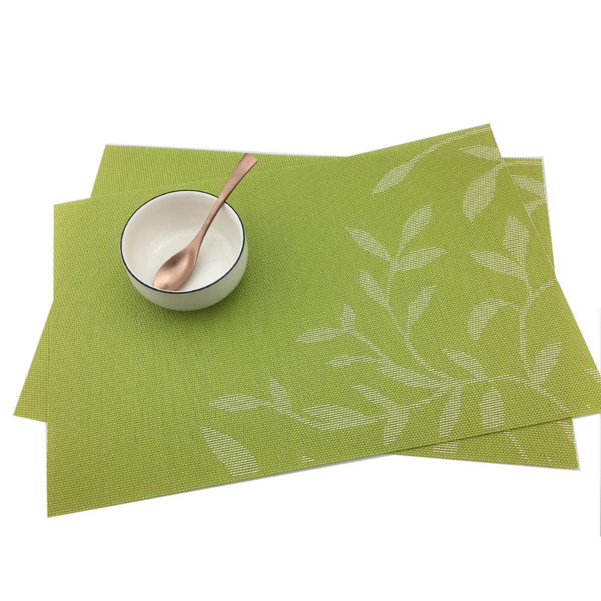 6-Piece PVC Woven Vinyl Placemats Set - Natural Green Leaves Design, Waterproof & Heat-Resistant Table Mats for Dining, Kitchen, and Outdoor Picnics (6 pcs)