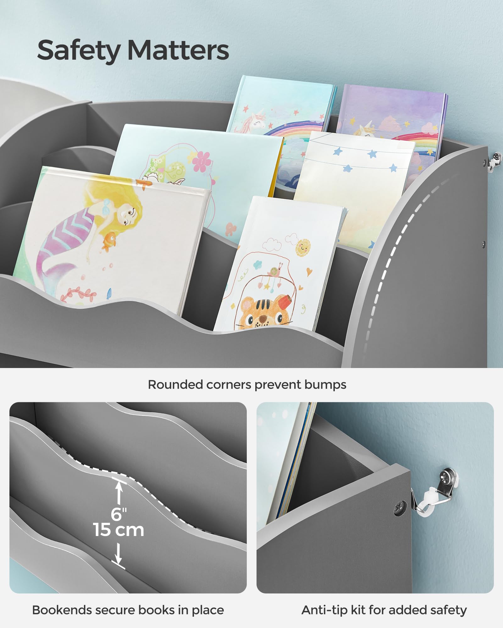 SONGMICS Kids Toy and Book Storage Organizer with 2 Bins - Multifunctional Bookshelf & Toy Organizer for Playroom, Nursery, Living Room - Perfect for Organizing Toys, Books, and Kids' Accessories (Dove Gray, UGKR042G01)