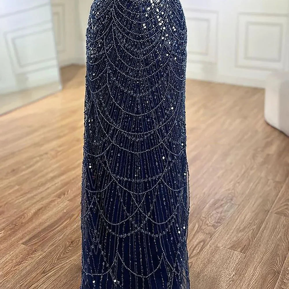 Luxury Dubai Saudi Arabia Blue Mermaid Cape Sleeve Beaded Evening Gown LA72160A - Elegant Formal Dress for Prom, Gala & Red Carpet Events