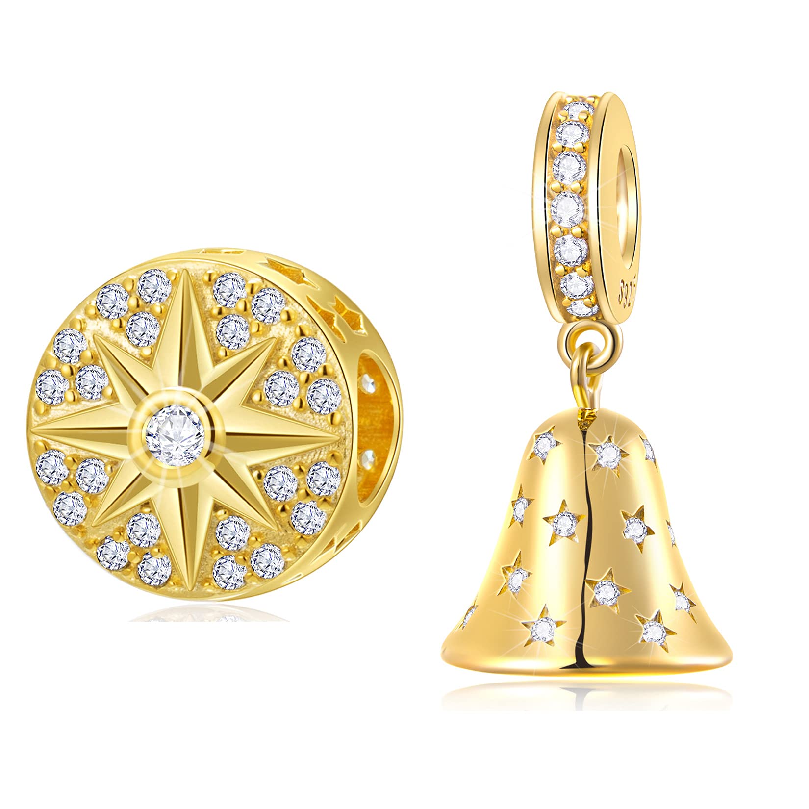 GEMDAZZ Christmas Charm Bracelet Set - Gold Plated Star & Bell Pendant Charms (2pc) - Perfect Gift for Mom & Friends - Holiday Jewelry for Christmas Parties & Gift Exchanges