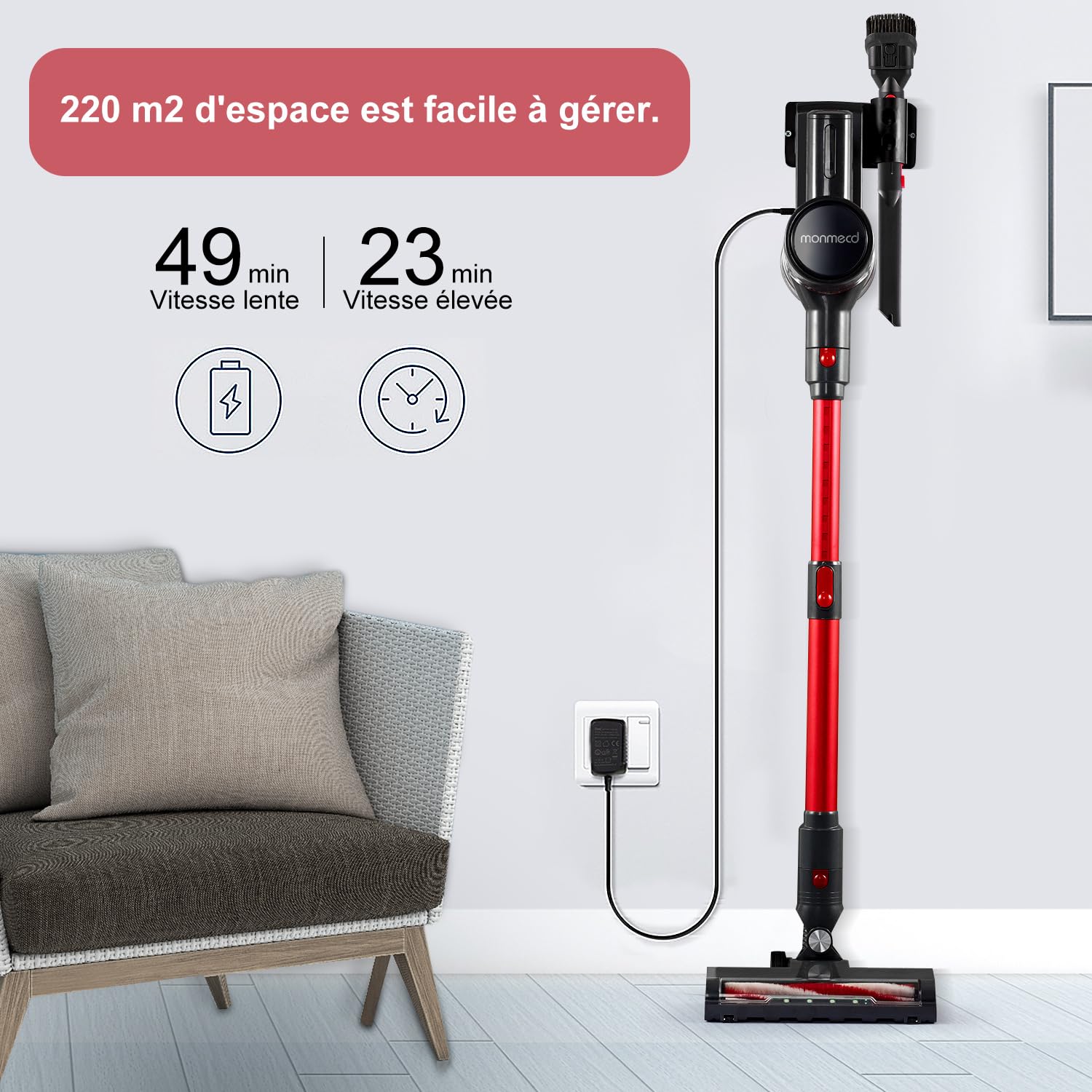 Powerful Cordless Vacuum Cleaner - 16Kpa Suction, 1L Dustbin, 49Min Runtime, 4-in-1 Lightweight Stick Vacuum with LED Display - Ideal for Hardwood Floors, Carpets, Pet Hair Cleaning - Perfect for Home, Office & Car Use (Black/Red)
