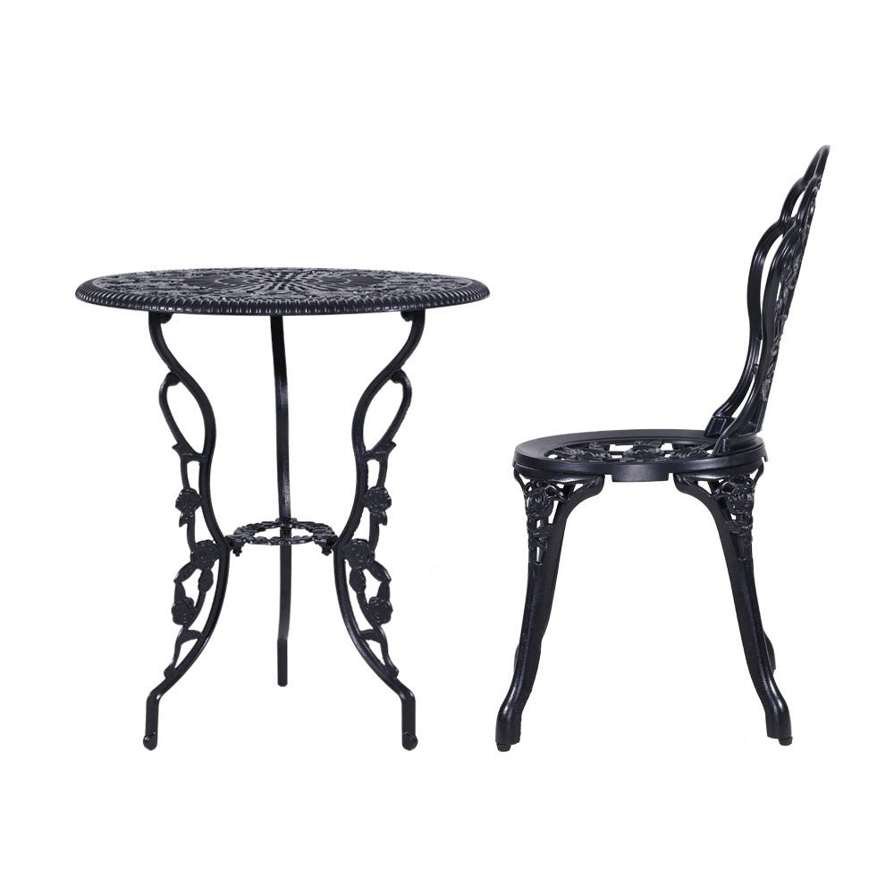 3-Piece Outdoor Bistro Set with Cast Aluminum Table and Chairs in Rose Black - Perfect for Patio, Garden, and Backyard Dining