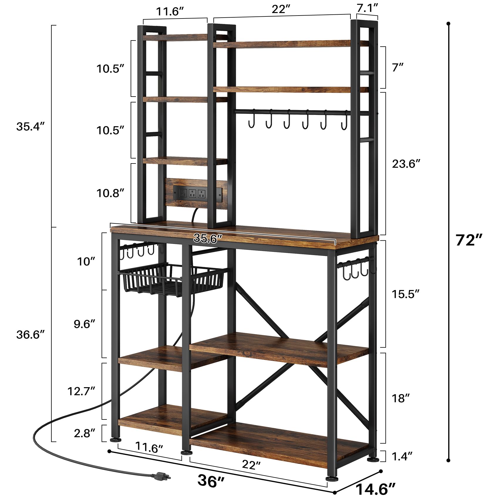 Baker Rack with Power Outlet - Microwave Stand with Storage, Large Coffee Bar Station with 14 Hooks, Metal Kitchen Shelf Organizer for Spices & Pots (Rustic Brown) | Perfect for Small Kitchens, Coffee Bars & Pantry Organization