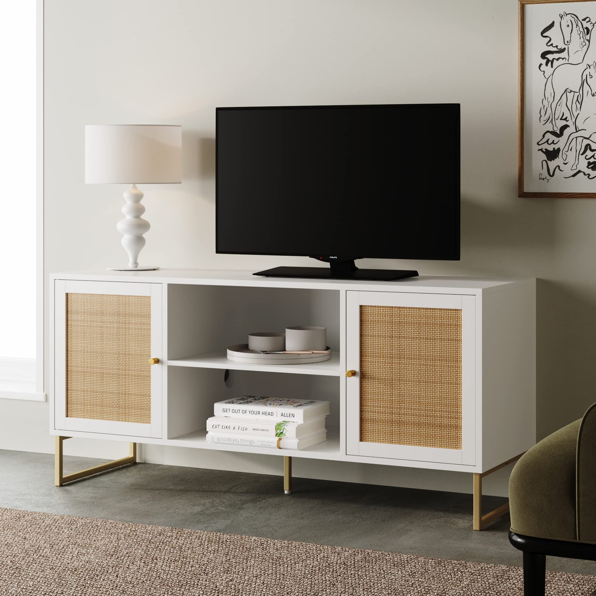 Nathan James Mina Modern TV Stand with Rattan Storage Doors - Matte White & Gold Entertainment Console for Living Room & Media Room | Stylish TV Cabinet with Brass Accents for Home Theater Setup