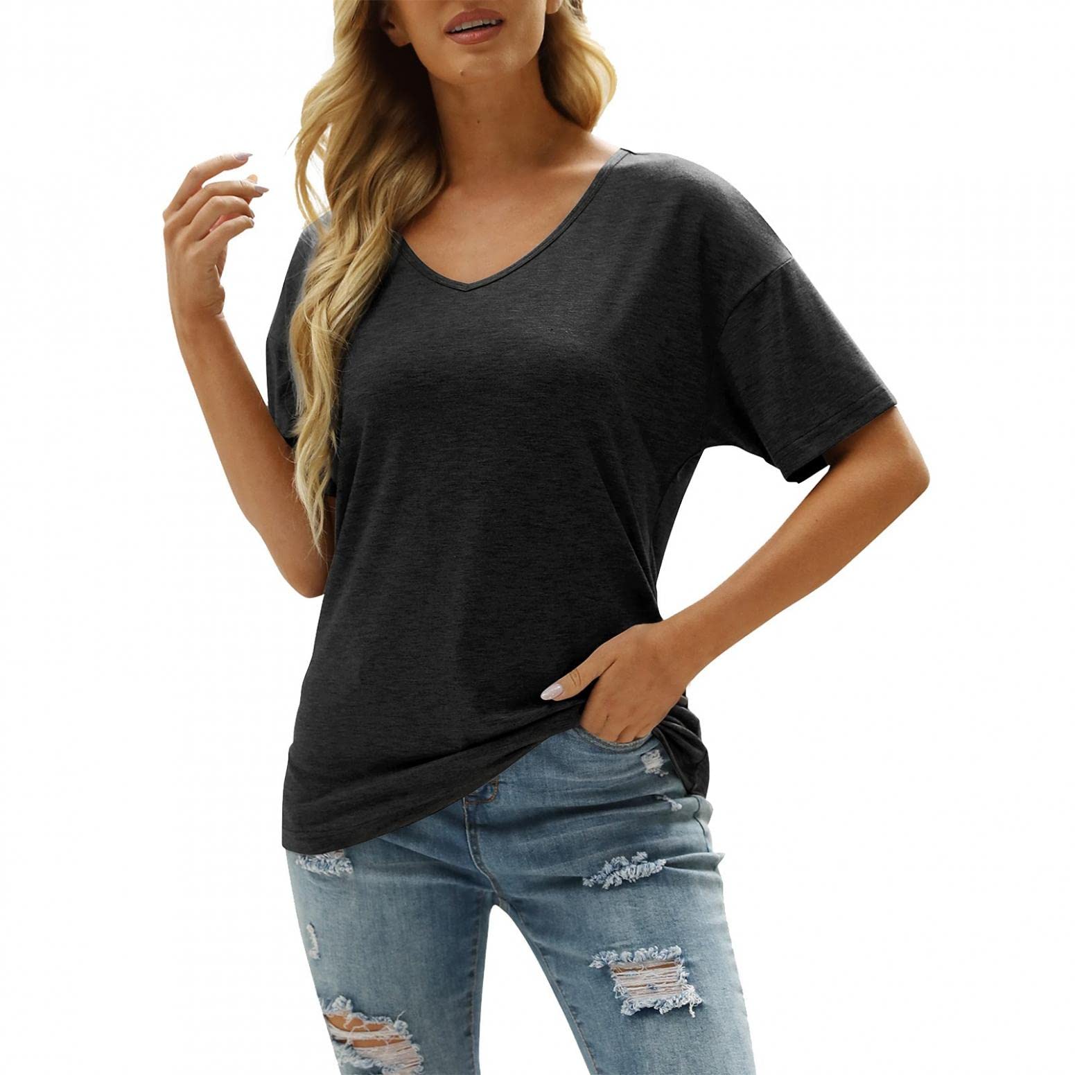 Oversized V Neck T-Shirts for Women - Soft Short Sleeve Solid Color Basic Tees | Trendy Casual Summer Tops for Everyday Wear, Outings & Lounge Comfort