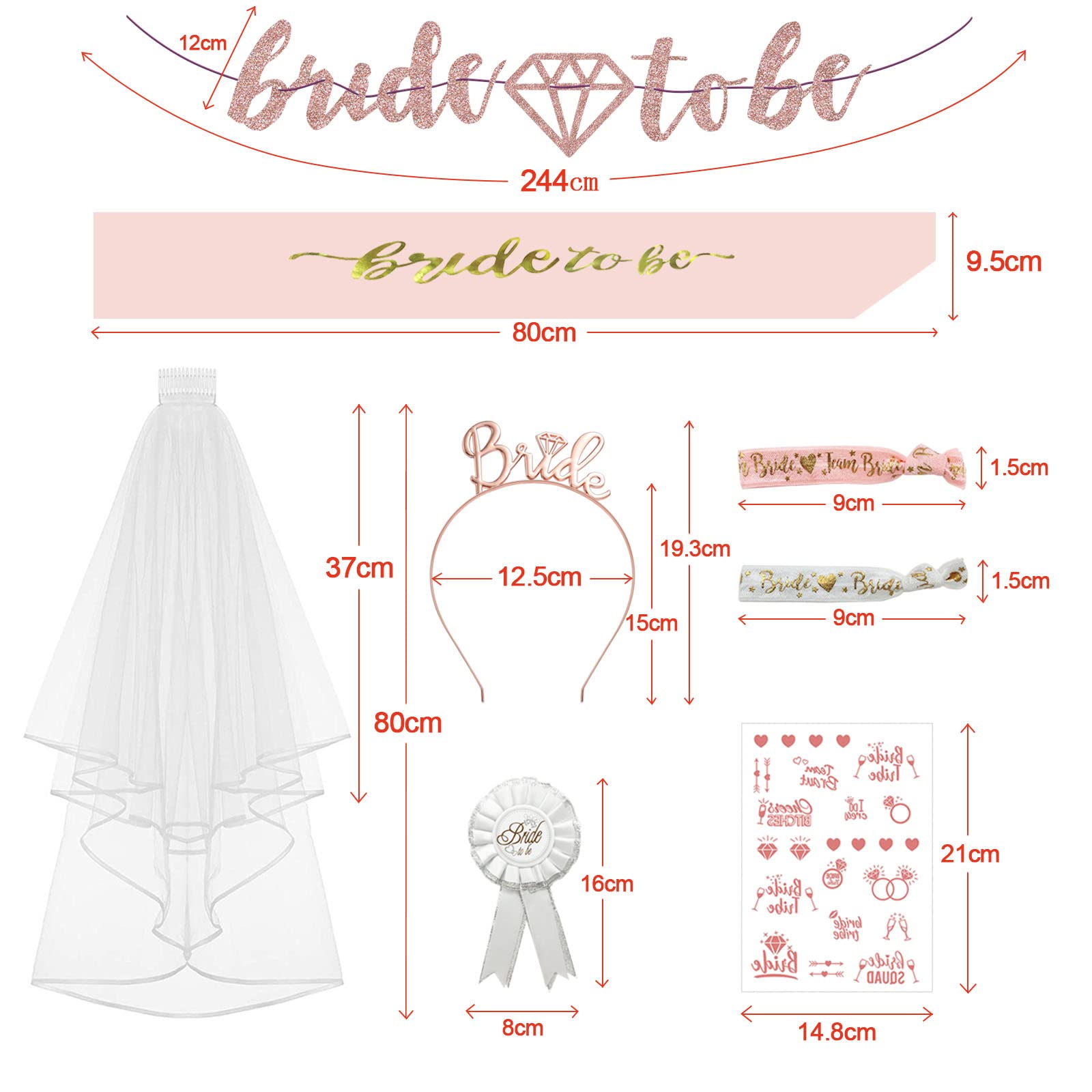 ZOCONE 18-Piece Bride to Be Sash & Veil Set - Bachelorette Party Accessories Kit with Tiara, Headband & Bridal Veil for Wedding Shower, Hen Night & Last Fling Before the Ring