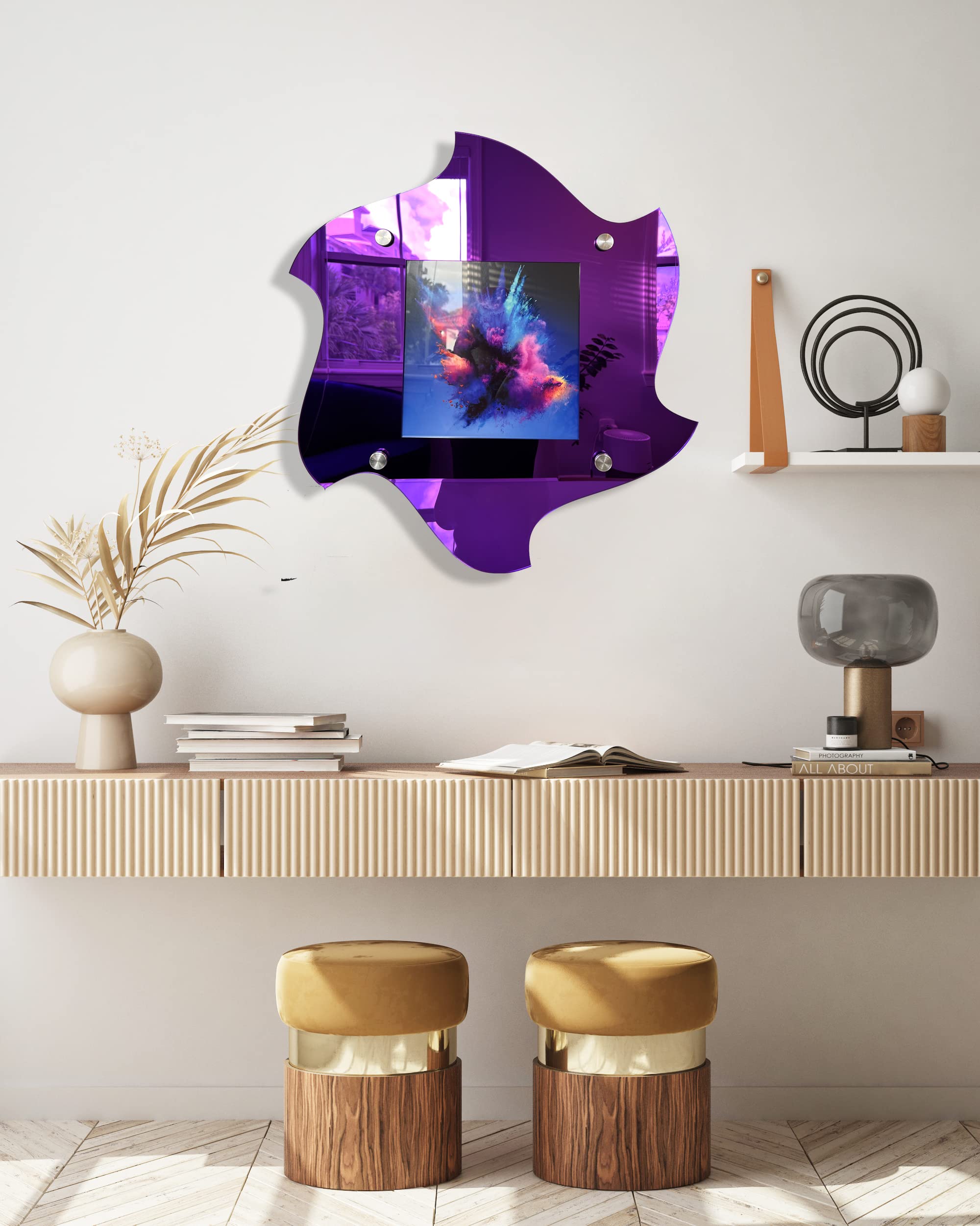 uniQstiQ Mirrored Acrylic Art Photo Frame - Modern Floating Wall Display (Purple Spiral Design) for Living Room, Bedroom & Office Decor