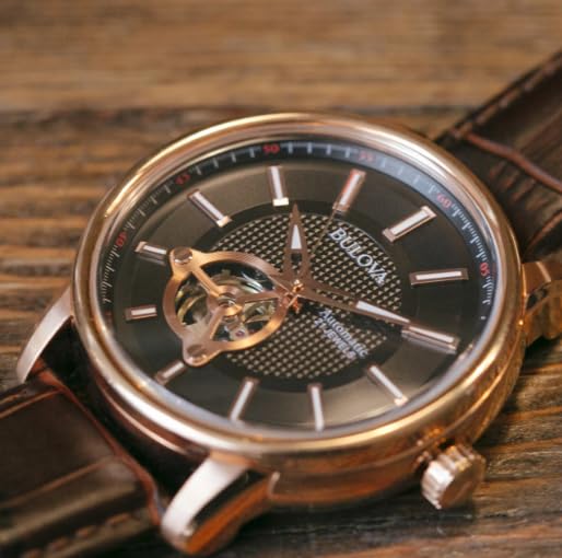 Bulova Men's Classic 3-Hand Automatic Watch with Genuine Leather Strap - 21-Jewel Movement, Hack Feature, Luminous Hands & Markers, Open Aperture & Exhibition Case Back (Model 97A109) - Perfect for Business, Formal Events & Everyday Wear