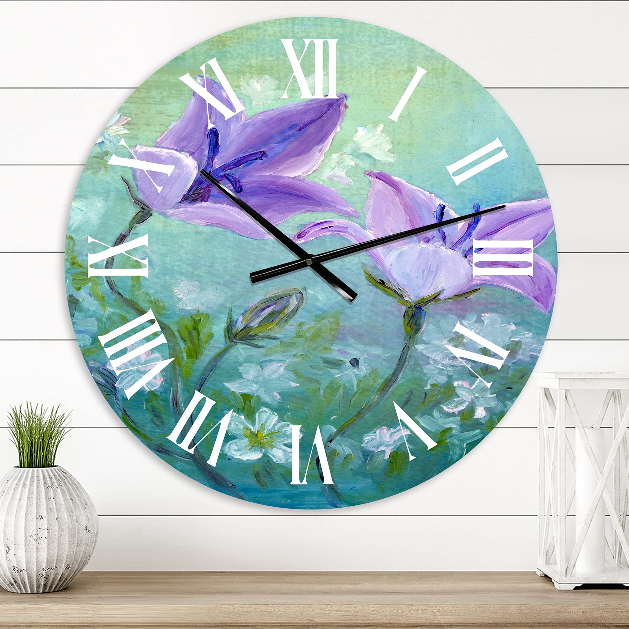 DesignQ Traditional Wall Clock 'Bellflowers Blooming' - Large Floral & Botanical Wall Clock for Home, Office, Living Room Decor - Perfect for Farmhouse, Bedroom, and Kitchen Wall Decor