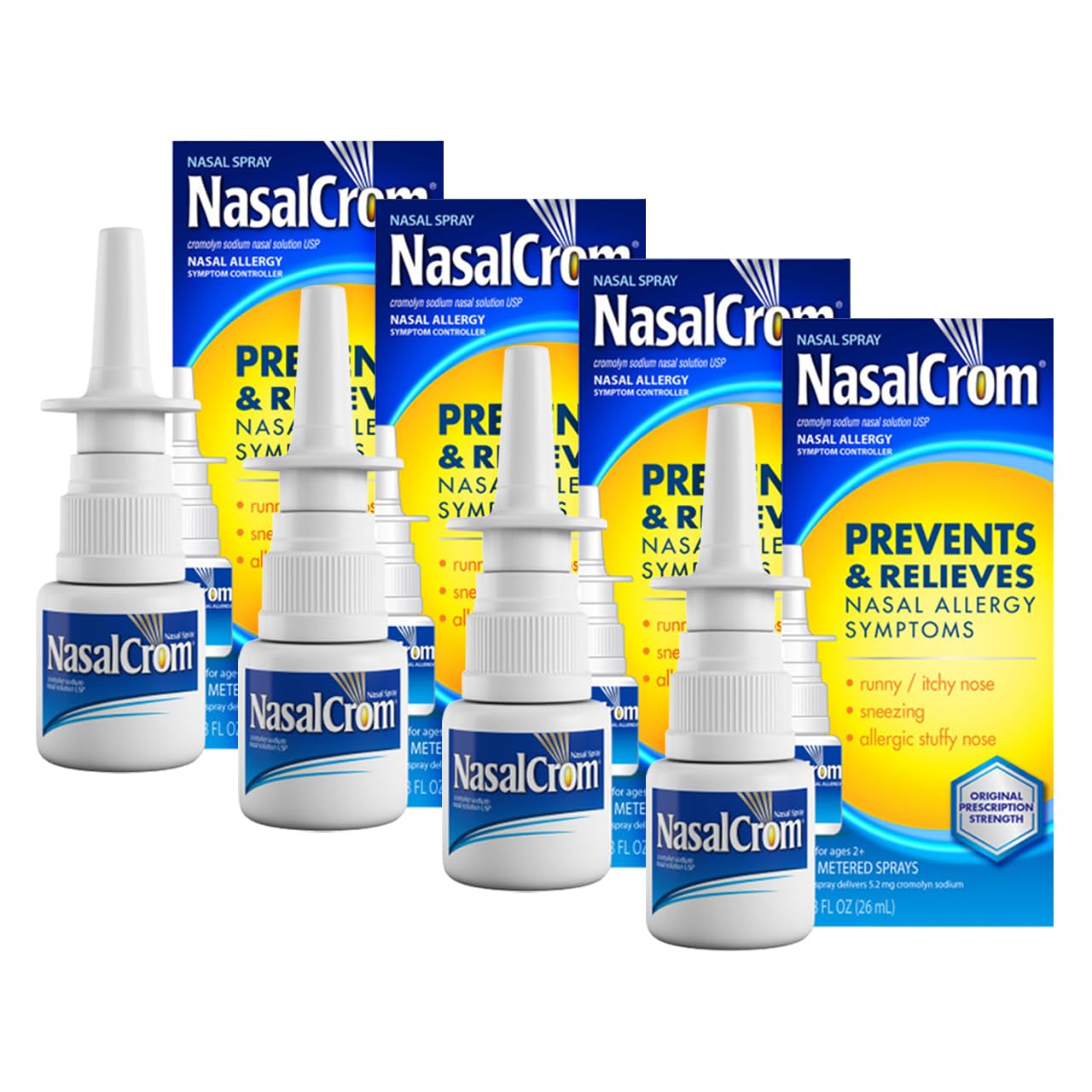 NasalCrom Nasal Spray for Allergies - 4 Pack (200 Sprays Each) | .88 FL OZ | Fast-Acting Allergy Symptom Relief for Sneezing, Runny Nose & Itchy Eyes | Indoor & Outdoor Use at Home, Work or Travel