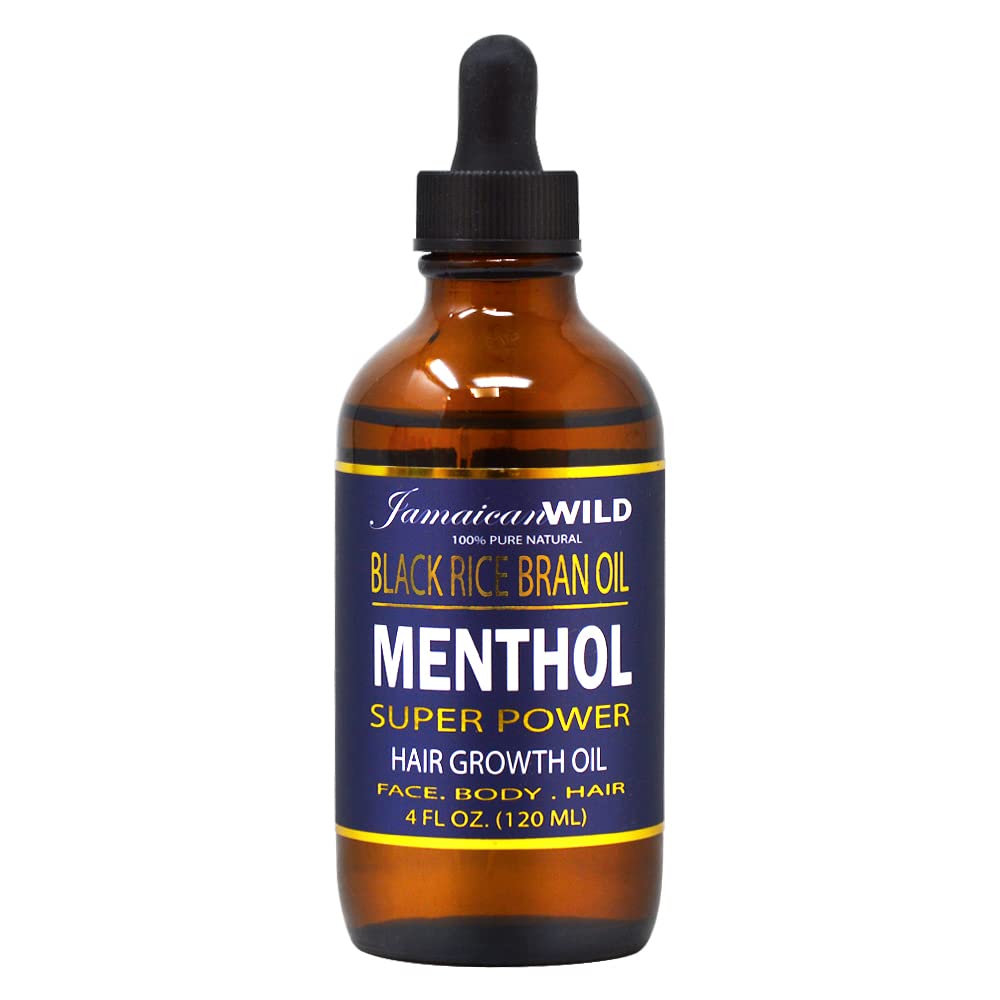 Organic Jamaican Wild Black Rice Bran Oil & Menthol Oil - 4oz Bottle for Hair Growth, Scalp Care & Relaxation - Natural Aromatherapy & Massage Oil for Stress Relief