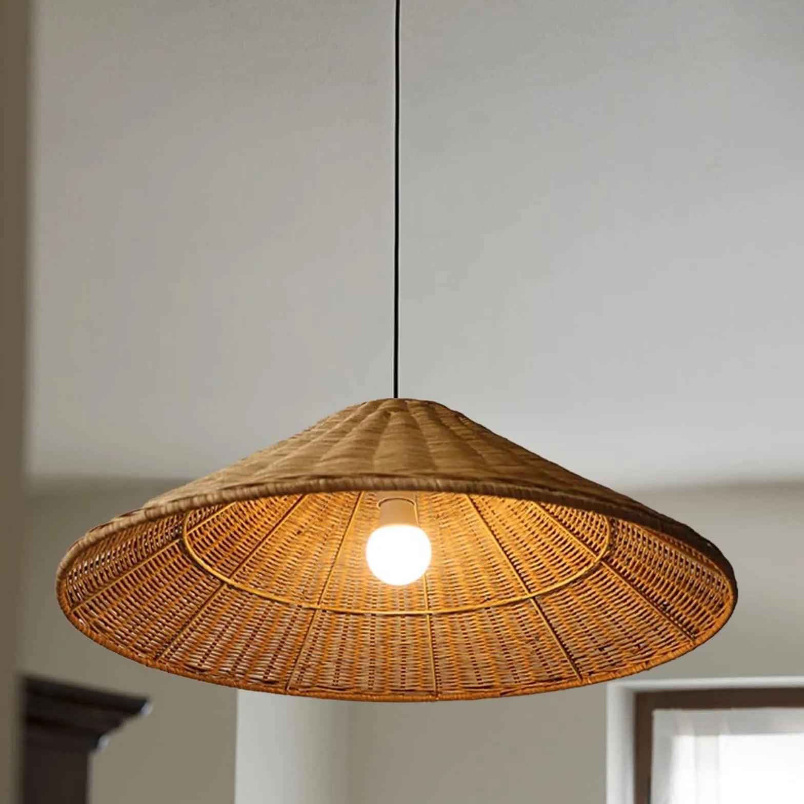 Handwoven Rattan Cone Pendant Light - Natural Boho Chandelier for Dining Room, Kitchen Island, or Bedroom Decor