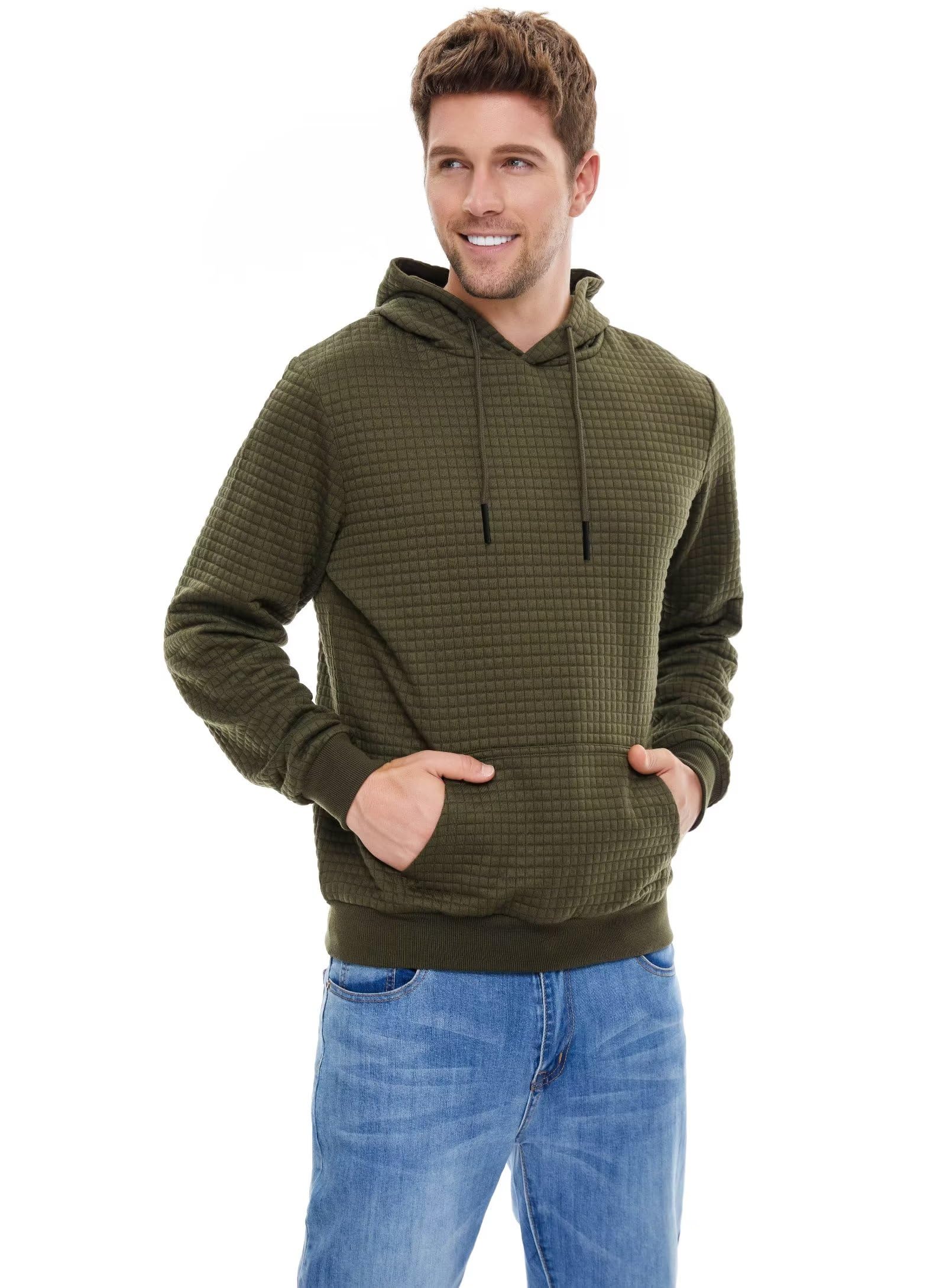 YuKaiChen Men's Plaid Jacquard Hoodie - Casual Pullover Sweatshirt with Kangaroo Pockets & Drawstring Hood - Perfect for Outdoor Activities, Gym, and Everyday Wear