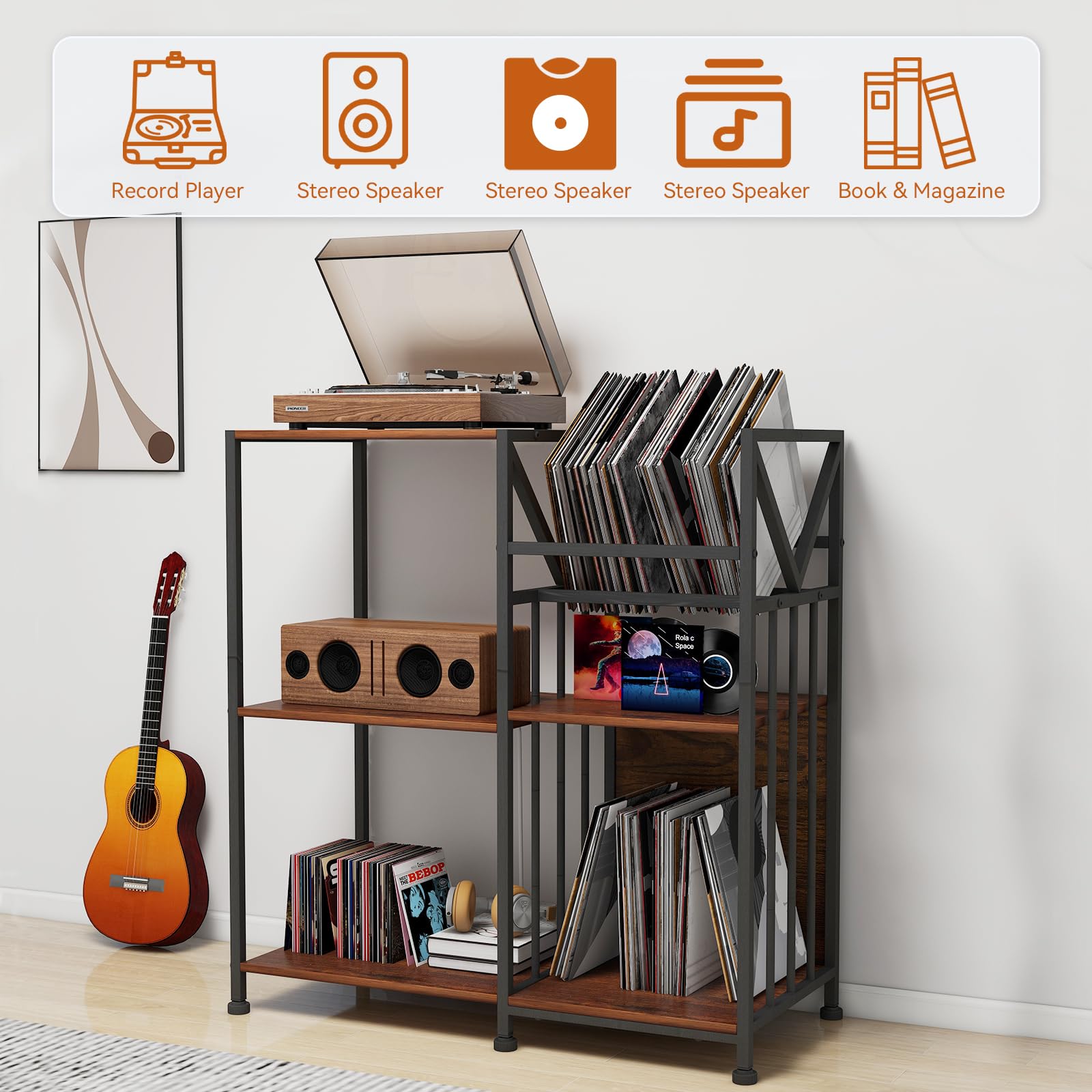 Adjustable 3-Tier Record Player Stand with LED Lighting & USB Charging Station - Holds 240 Vinyl Albums, Turntable Shelf with Speaker Space - Perfect for Living Room Music Setup & Vinyl Record Storage