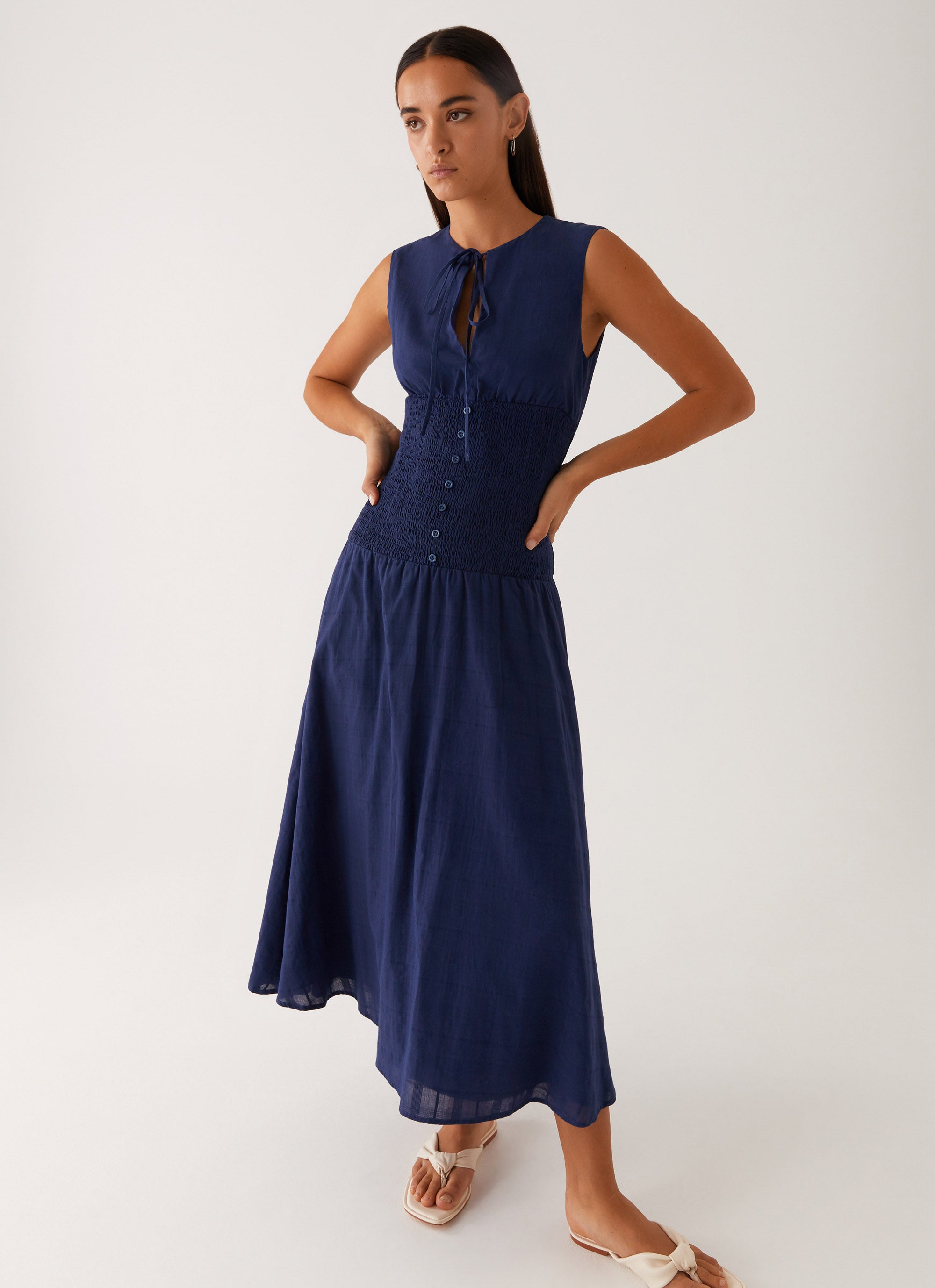 Belle Shirred Waist Midi Dress for Women - Navy Blue Flowy Summer Dress with Elastic Waistband | Perfect for Beach, Vacation, and Casual Outings