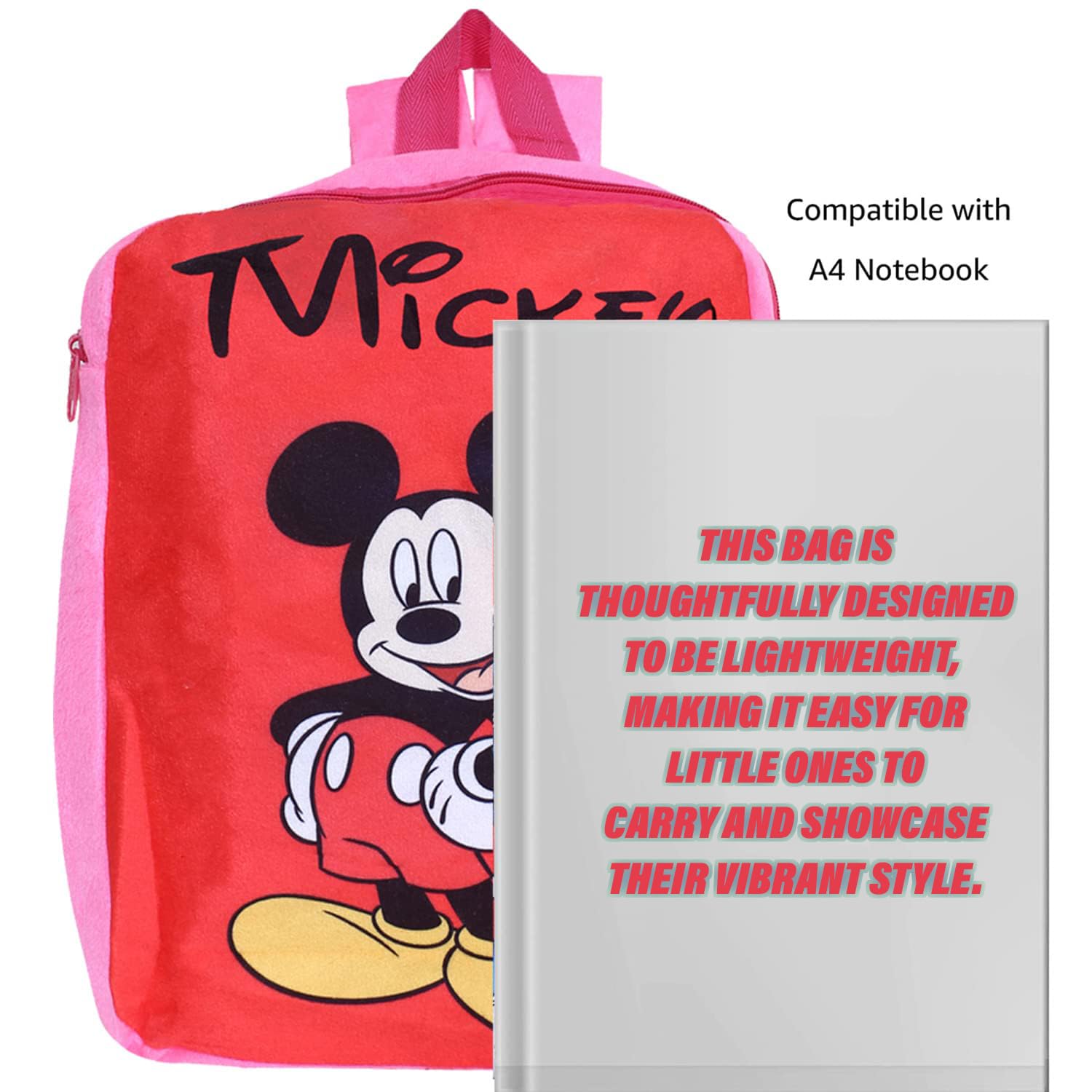 Disney Mickey Mouse Velvet Kids School Backpack for Boys & Girls - 2 Compartment Student Bookbag (Red & Pink) | Perfect for Elementary School, Daycare & Travel