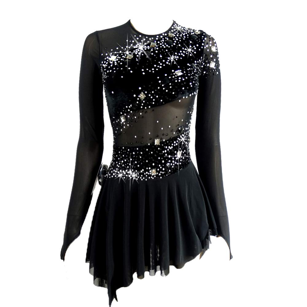 LIUHUO Girls Figure Skating Dress - Black Velvet Competition Costume for Ice Skating Performances & Dance Recitals