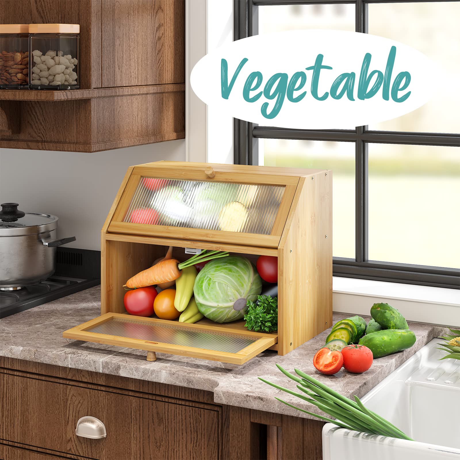 Large Bamboo Wood Double Layer Bread Box for Kitchen Counter - Wooden Bread Storage Container with Ample Capacity | Perfect for Storing Bread, Buns, and Pastries to Keep Fresh on Countertop