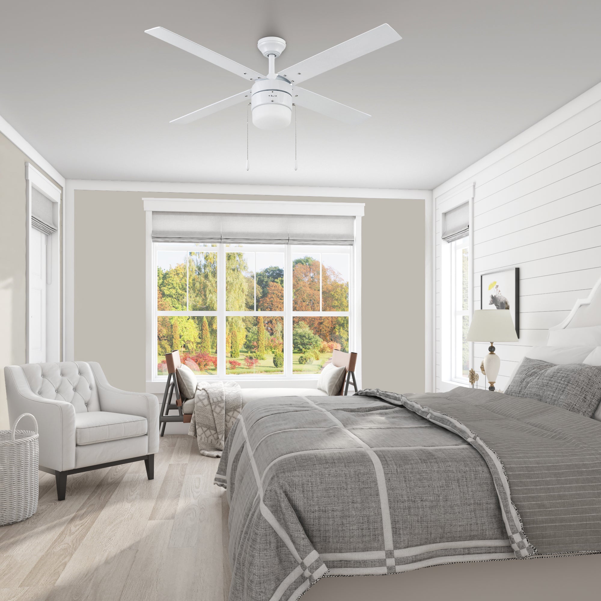 52 Inch White Ceiling Fan with Pull Chain - Modern & Energy Efficient for Living Room, Bedroom, or Office