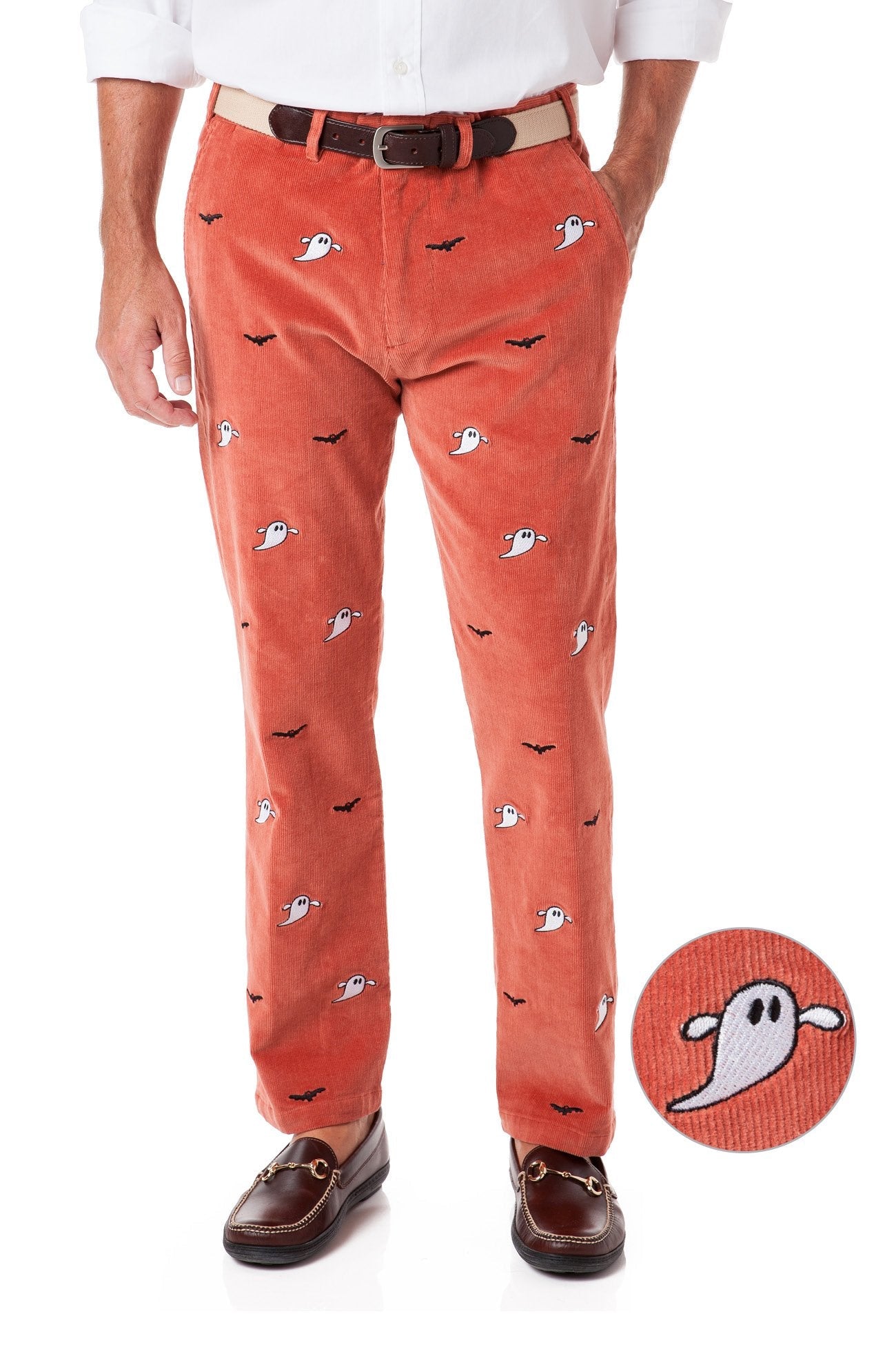 Beachcomber Corduroy Pants - Nantucket Red with Ghost & Bat Print | Vintage-Inspired Corduroy Trousers for Men & Women | Perfect for Fall Fashion, Halloween Outfits & Casual Wear