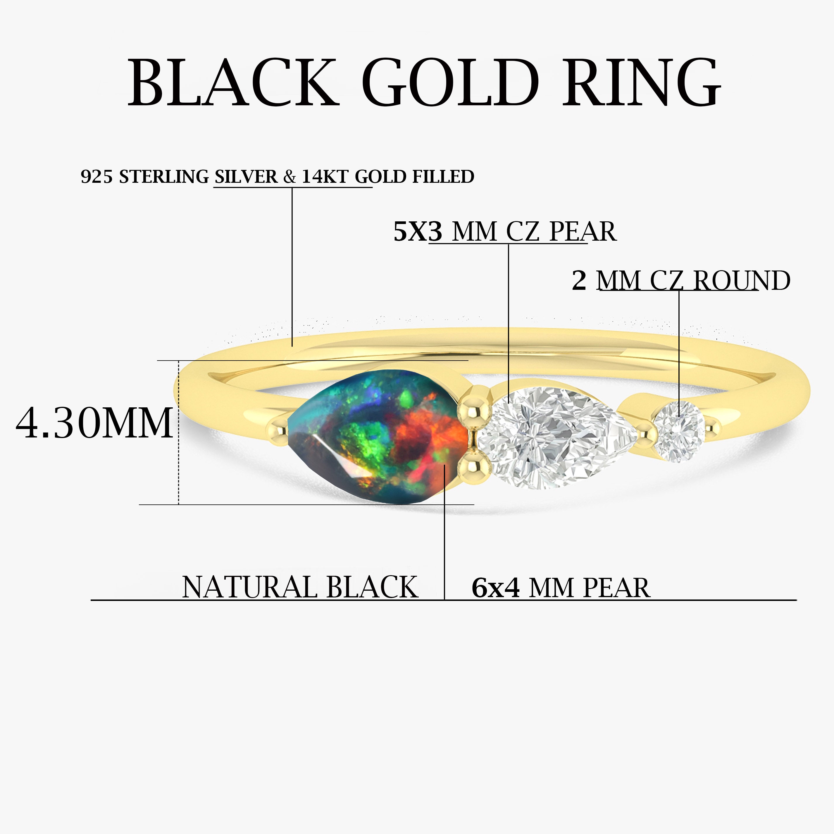 Black Fire Opal Pear Three Stone Ring - Elegant Sterling Silver Jewelry for Women | Perfect for Weddings, Anniversaries & Special Occasions