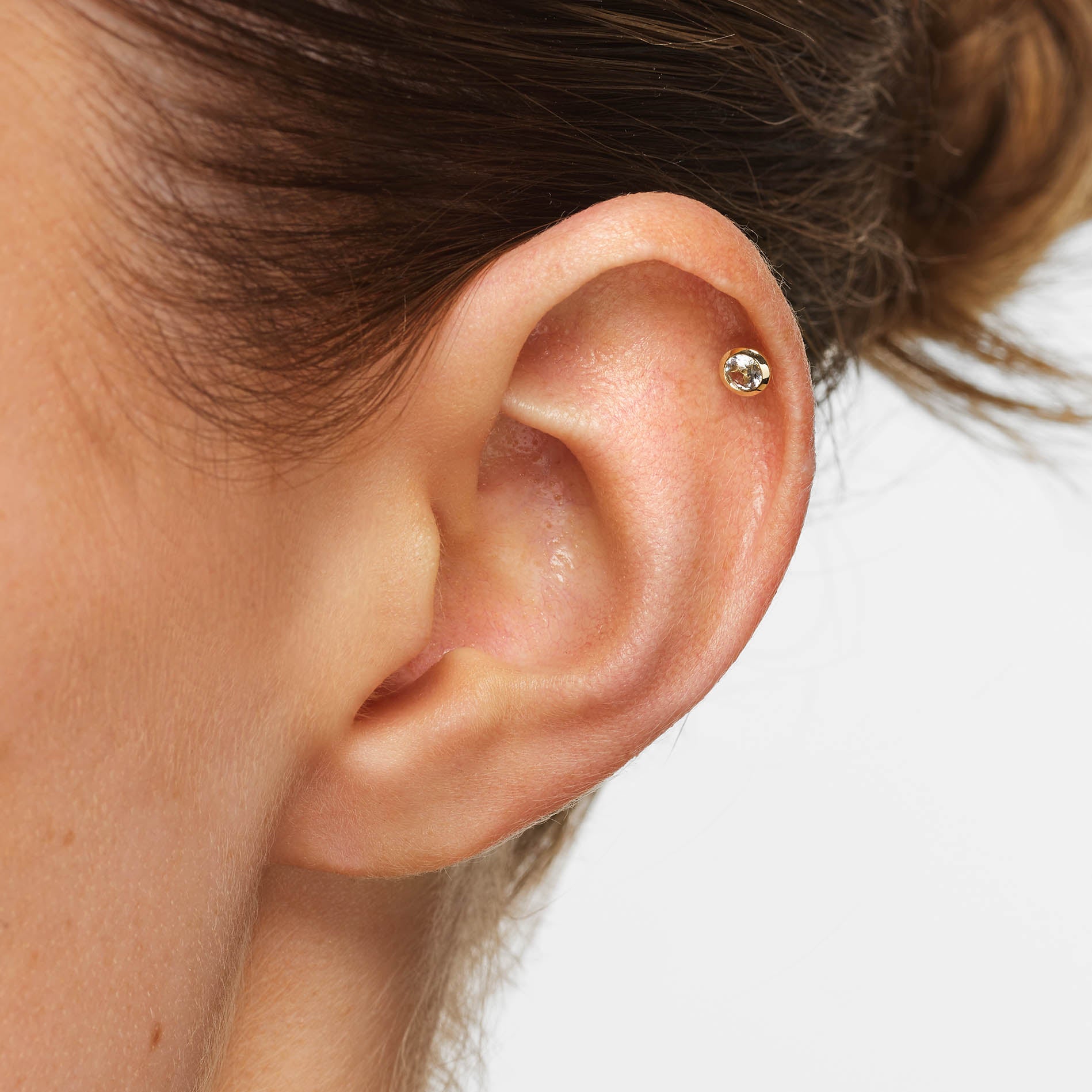 10K Gold White Topaz Bezel Helix Single Stud Earrings - Perfect for Everyday Wear & Special Occasions